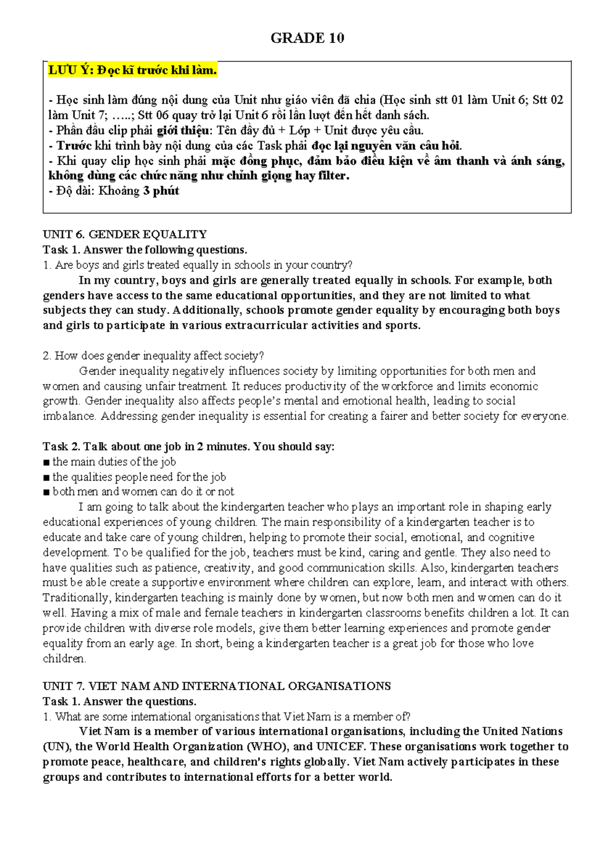 GRADE 10 SPEAKING UNIT 6-8: GENDER EQUALITY & LEARNING METHODS - Studocu