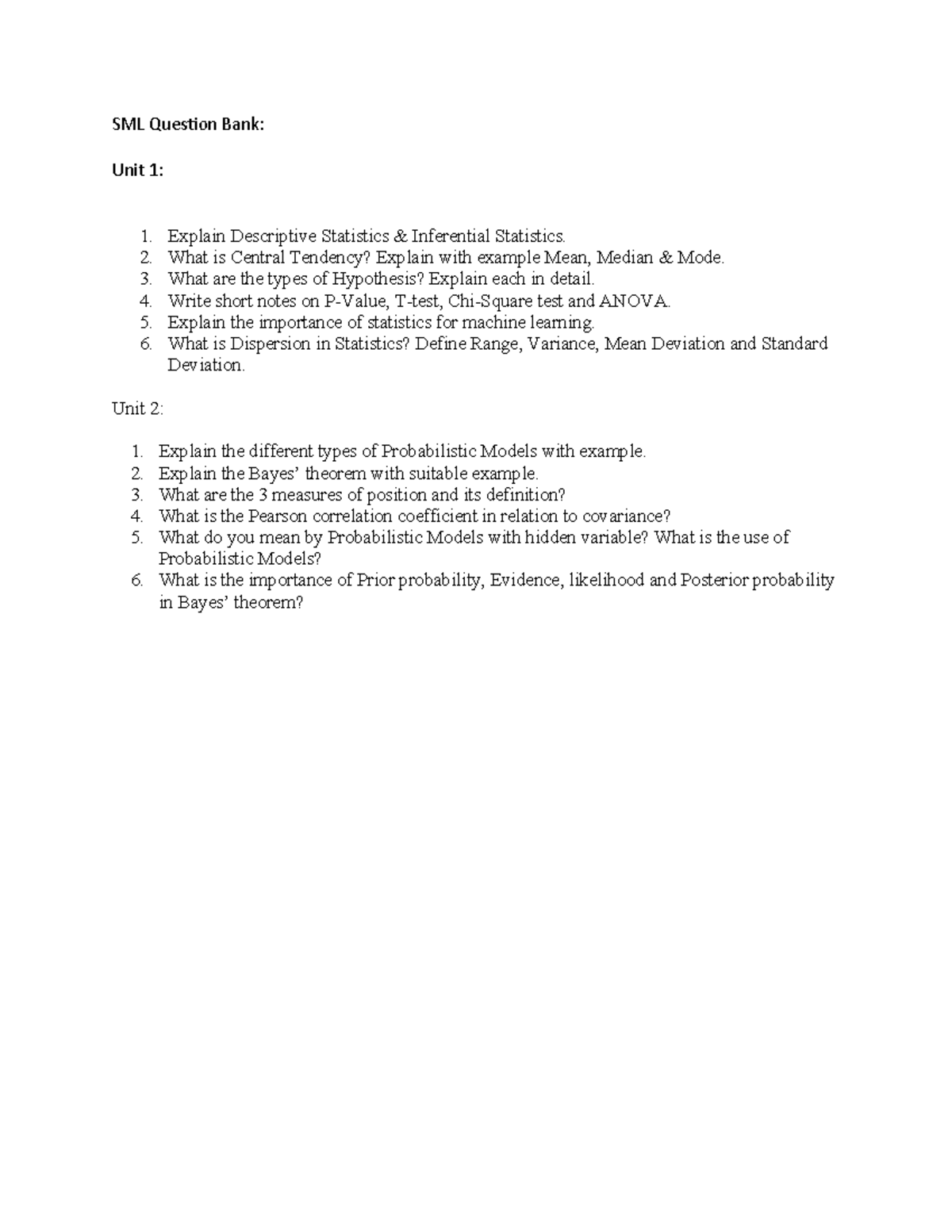 SML Question Bank: Descriptive & Inferential Statistics Overview - Studocu