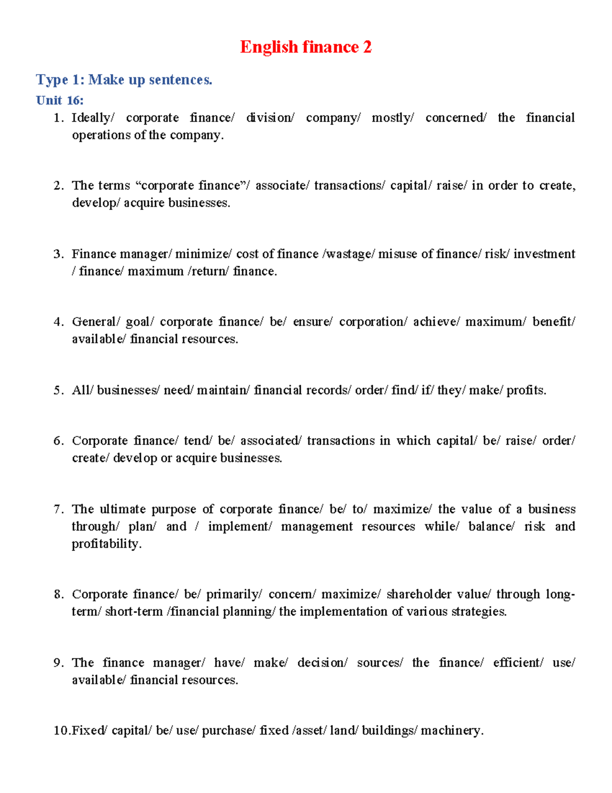 English Finance 2: Unit Summaries and Key Concepts Review - Studocu