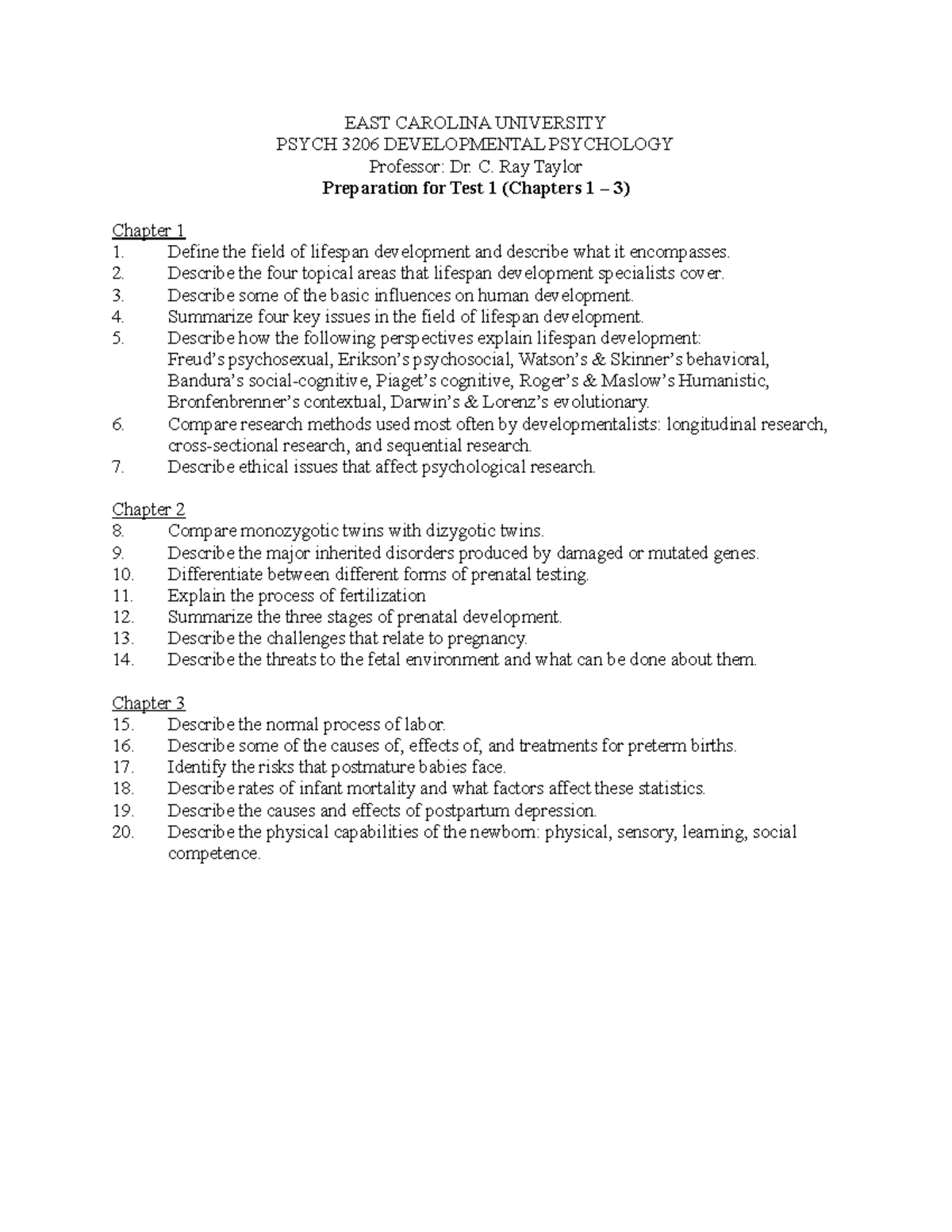 EAST CAROLINA UNIVERSITY PSYCH 3206 Study Guide for Test 1 (Chapters 1 ...