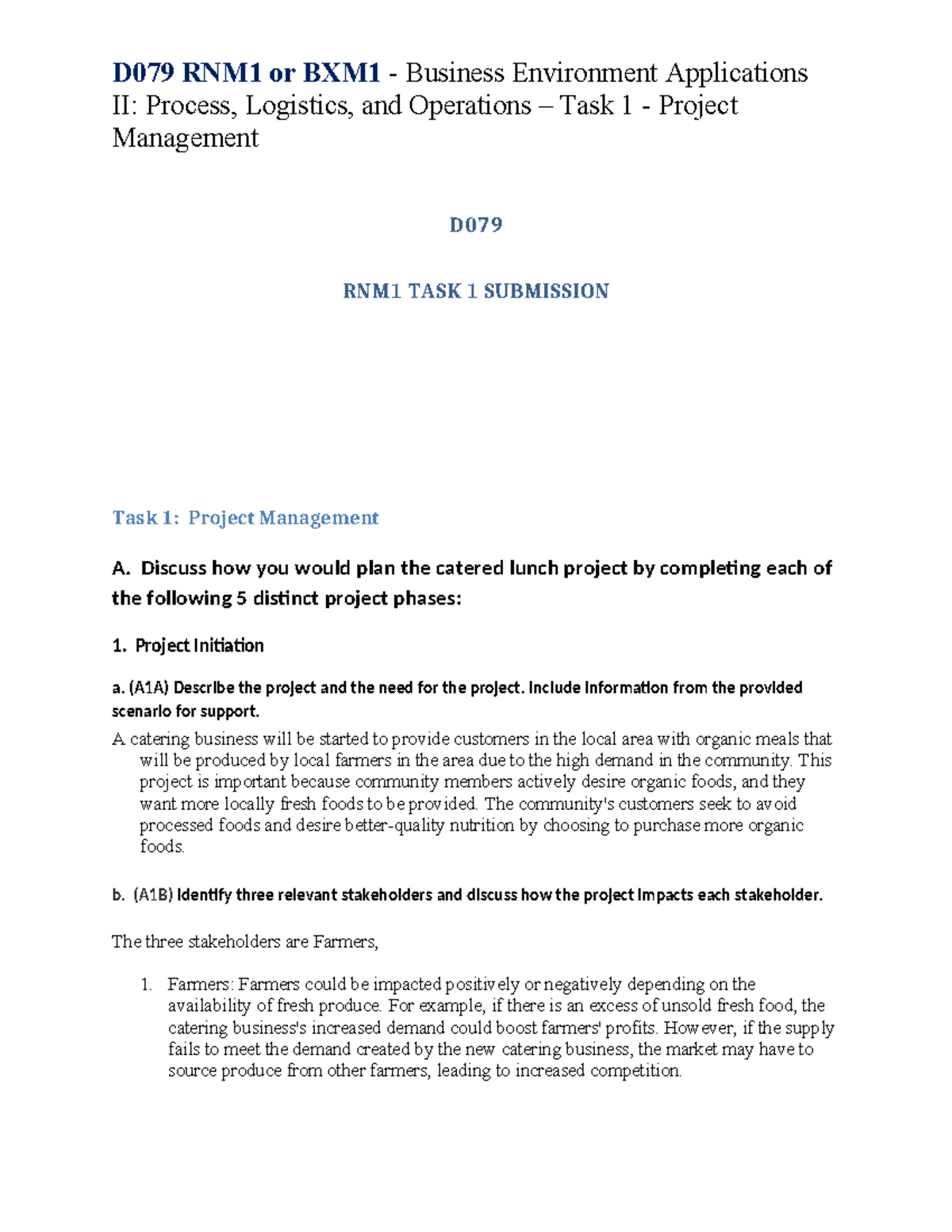 D079 Task 1 assignment - D079 RNM1 or BXM1 - Business Environment ...