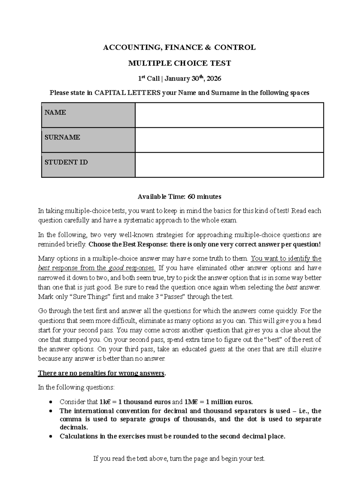 AFC2526 FINAL EXAM MULTIPLE CHOICE TEST - JAN 30, 2026 - Studocu