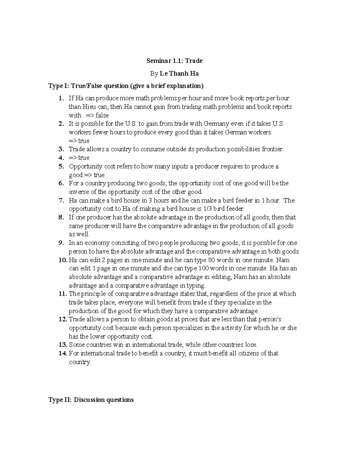 Seminar 1 Q Trade - key - Seminar 1: Trade By Le Thanh Ha Type I: True ...
