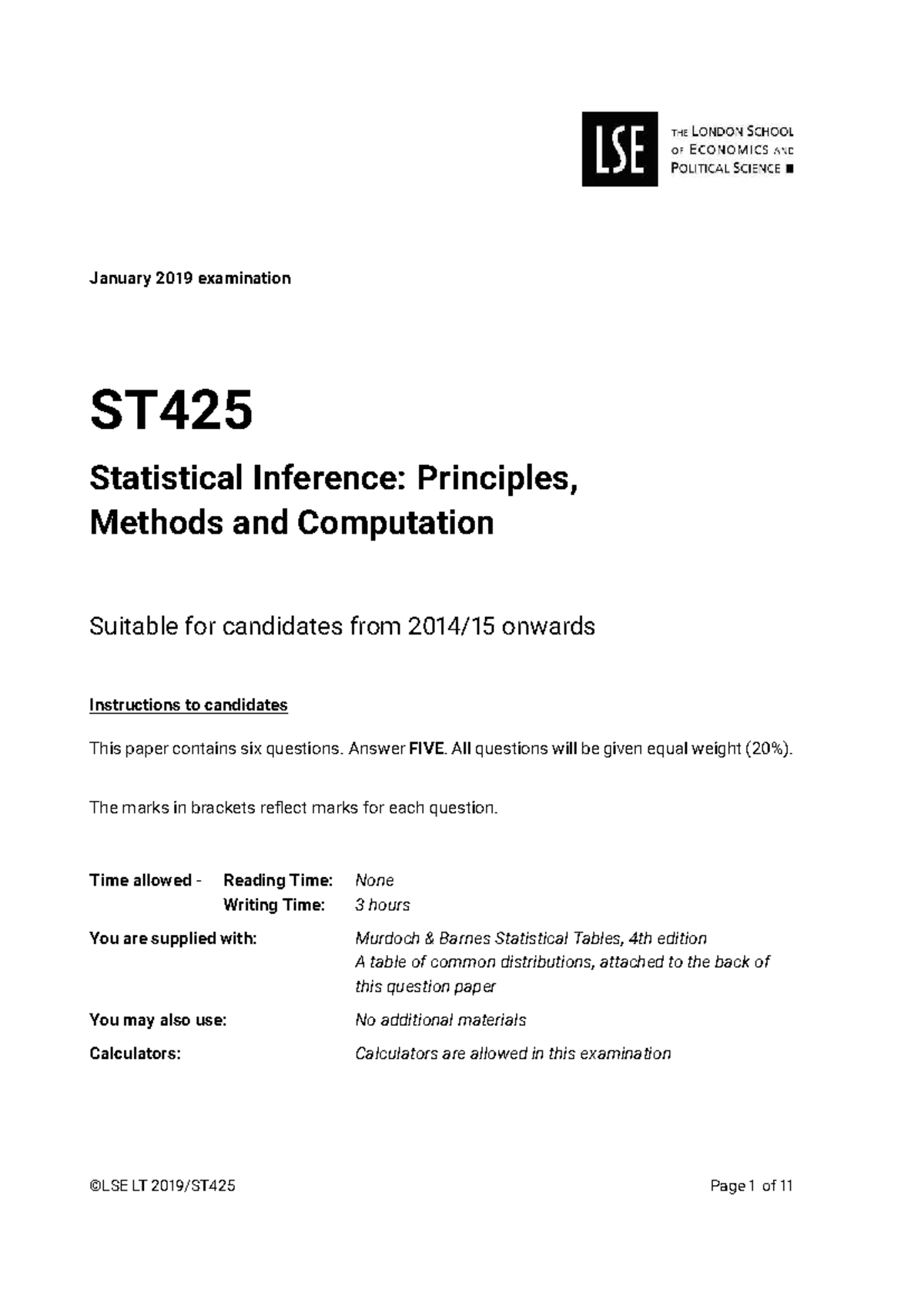 Exam ST425 2019: Statistical Inference Solutions and Insights - Studocu