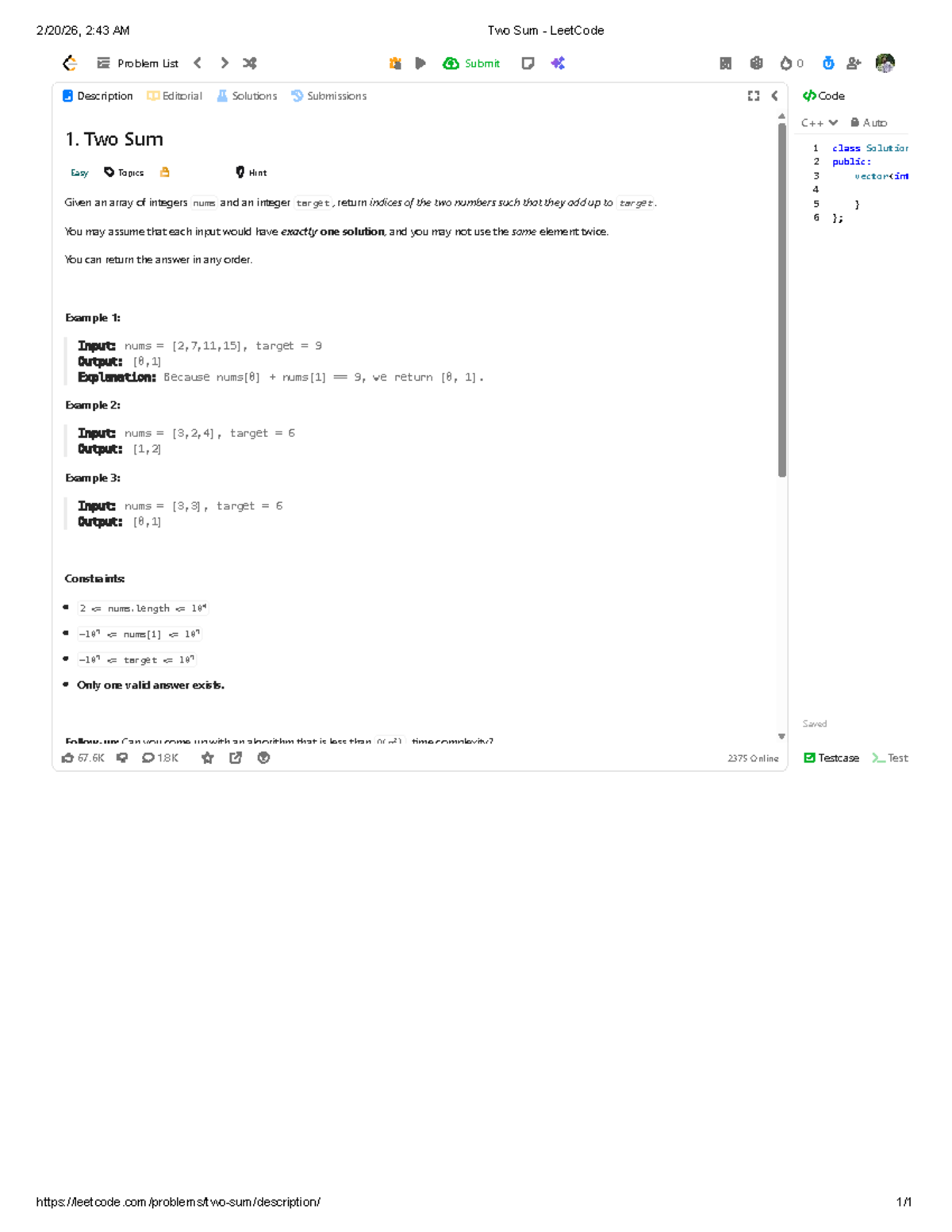 Two Sum (LeetCode) - Problem Description & Solutions - Studocu