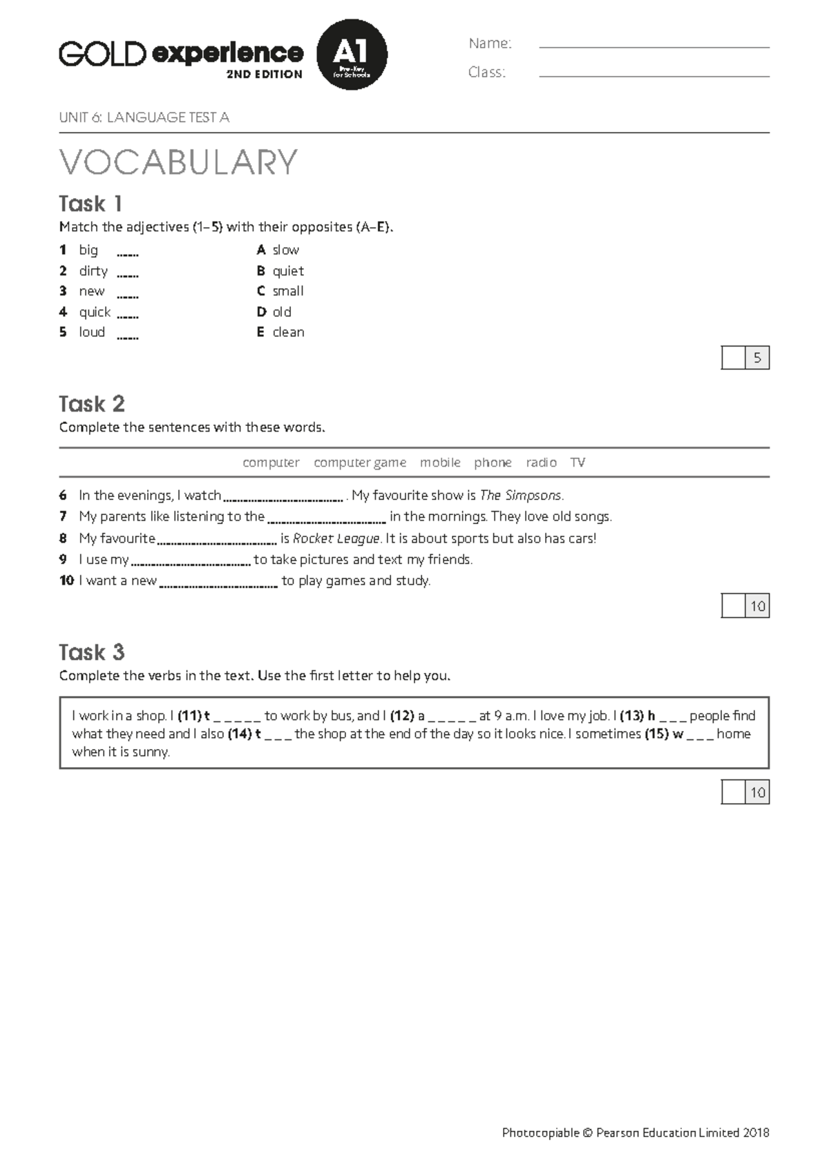 Gold Exp A1 U6 Language Test A: Vocabulary & Tasks - Studeersnel