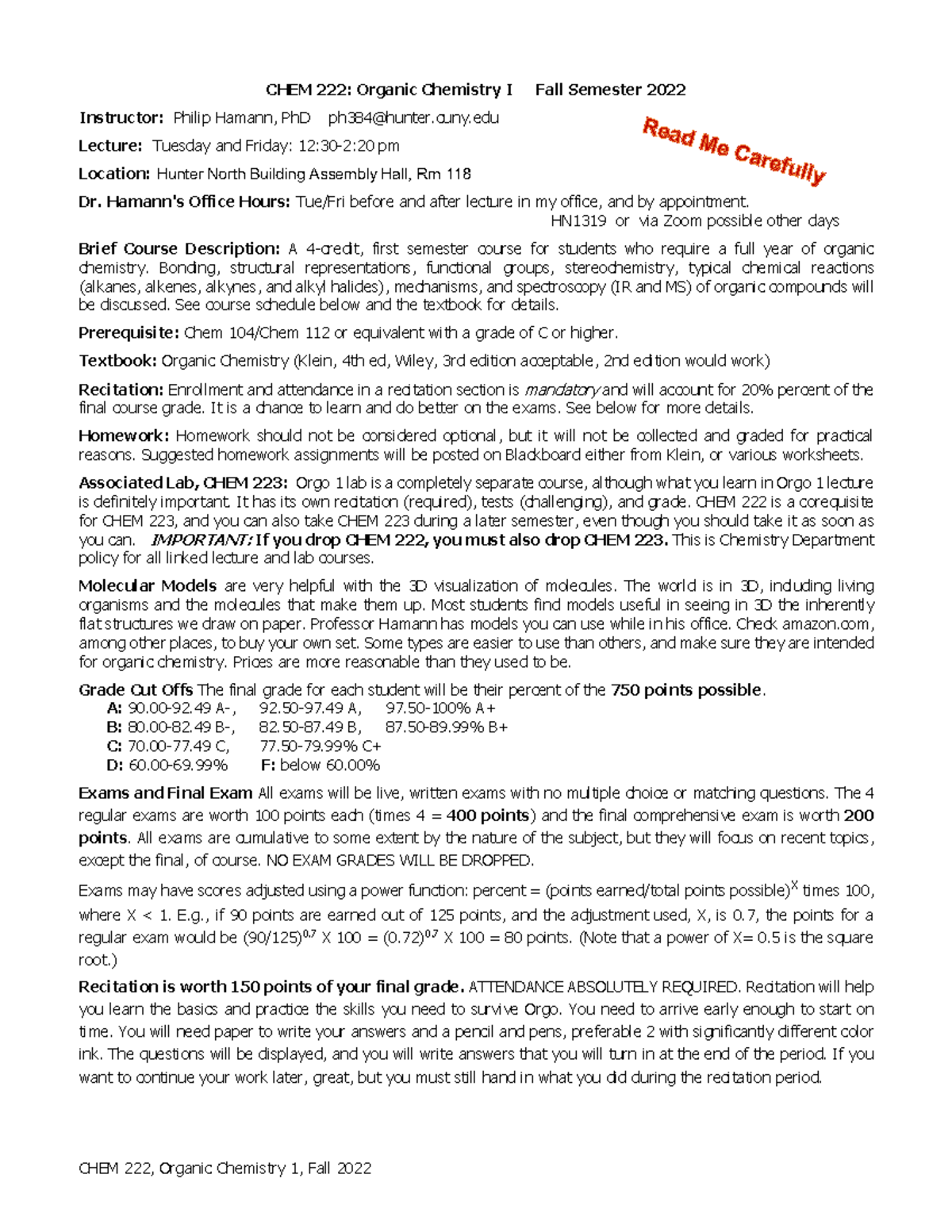 CHEM 222 Organic Chemistry I Syllabus Fall 2022 Overview - Studocu