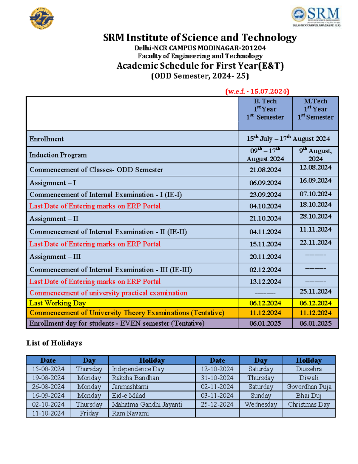 Btech mtech first year academic calendar session 2024 25 - List of ...