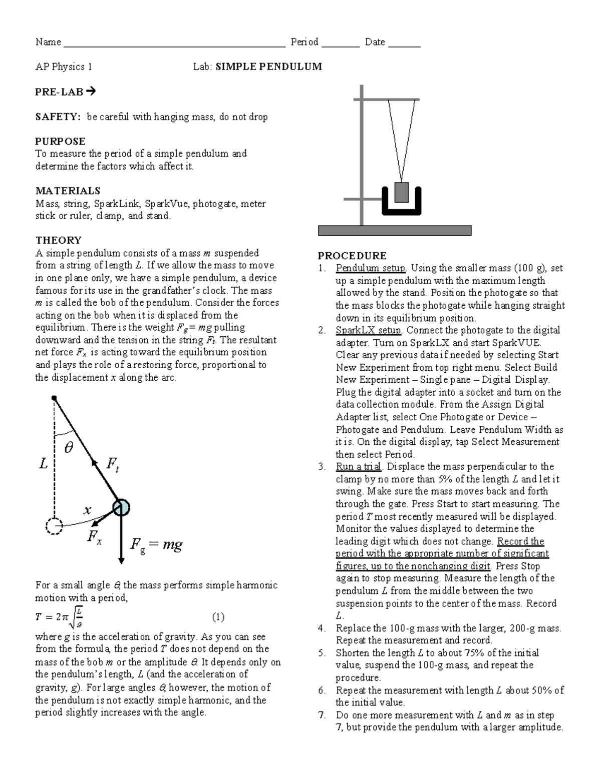 Lab 10.2: Simple pendulum experiment and analysis in AP Physics 1 - Studocu