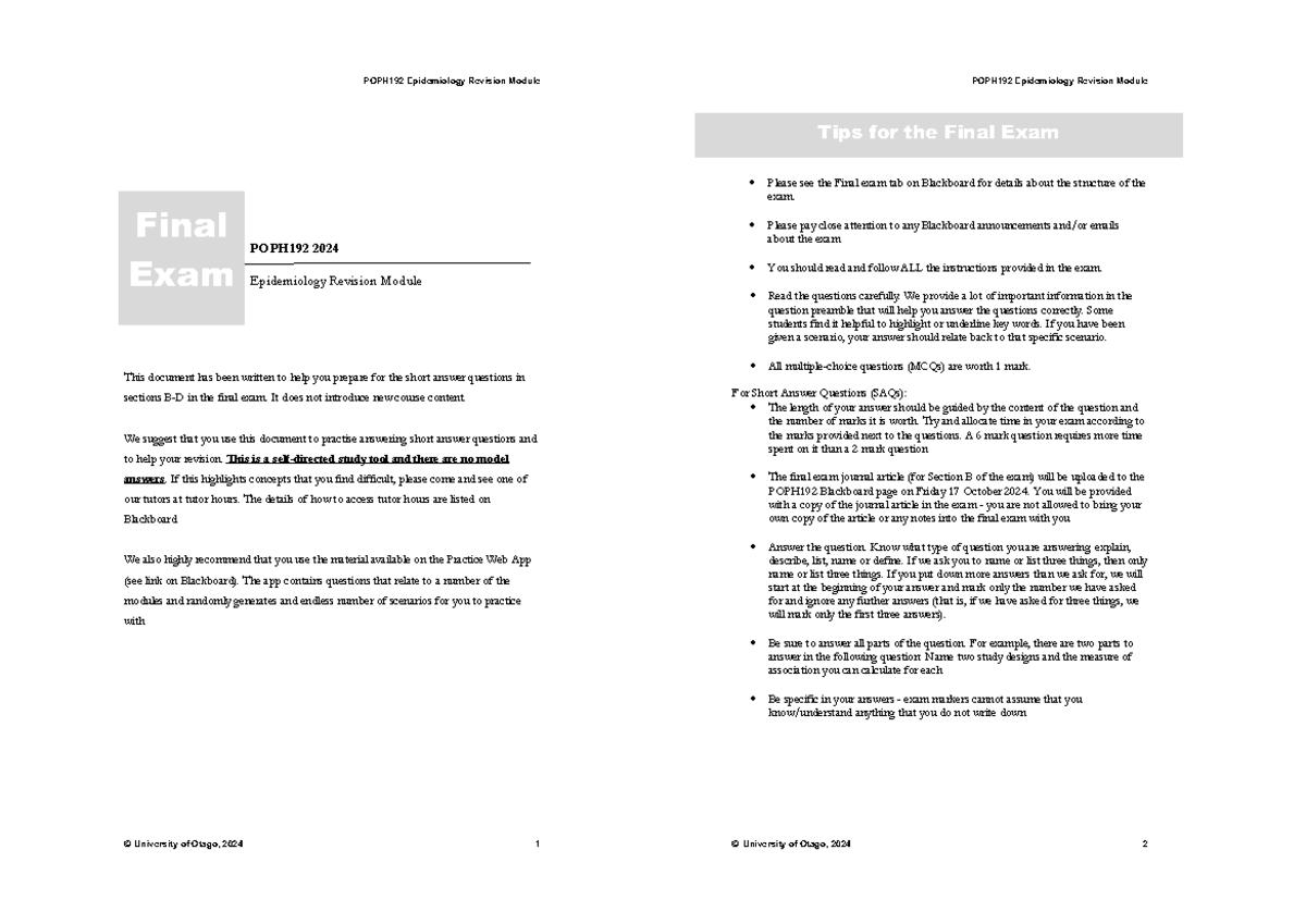 POPH 192 2024: Practice Revision for Final Exam in Epidemiology - Studocu