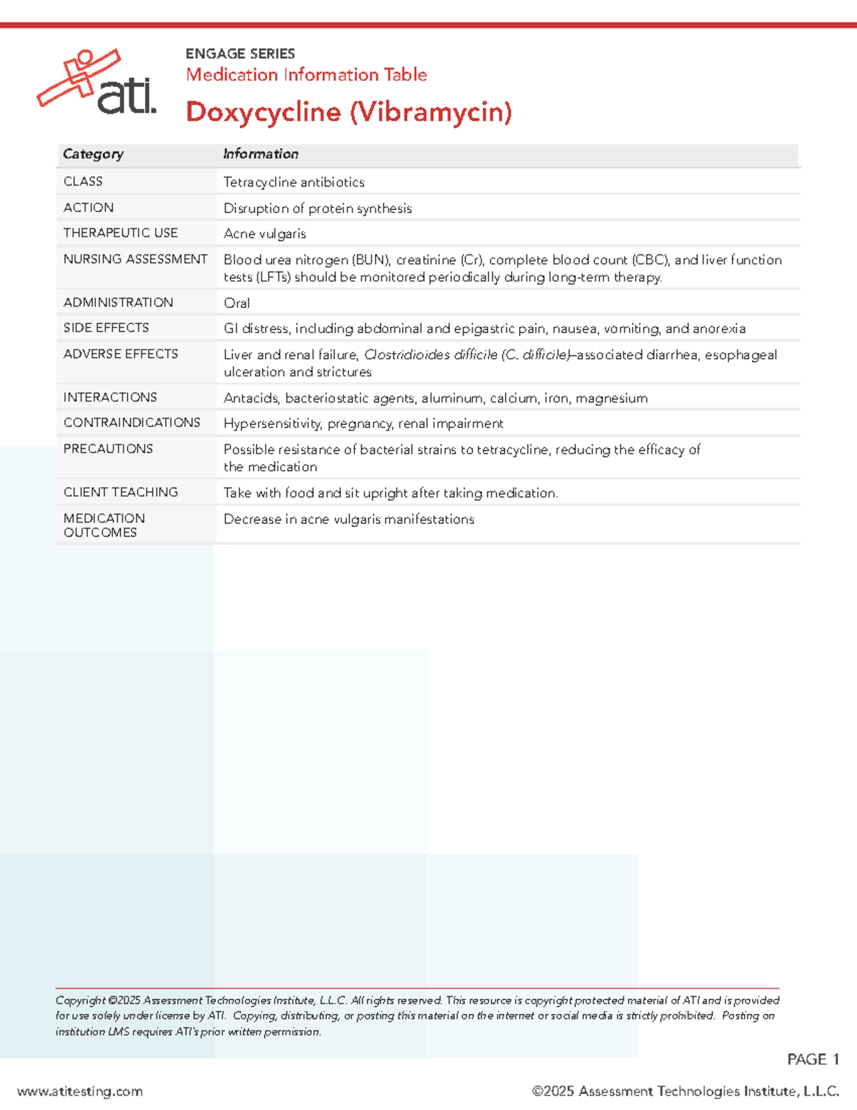 ENGAGE SERIES: Medication Info Table for Doxycycline (Vibramycin) - Studocu