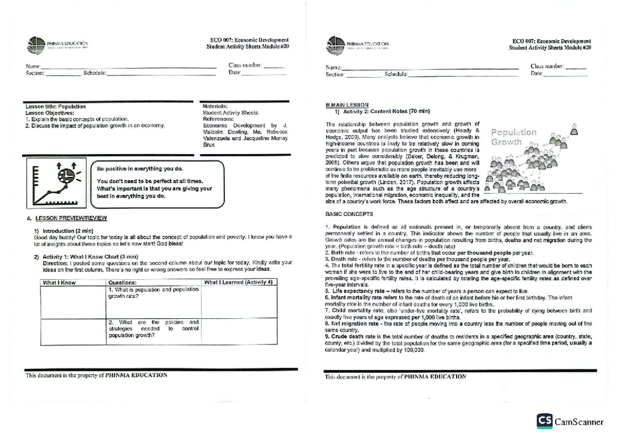 ECO 007: Economic Development - Student Activity Sheets on Population ...