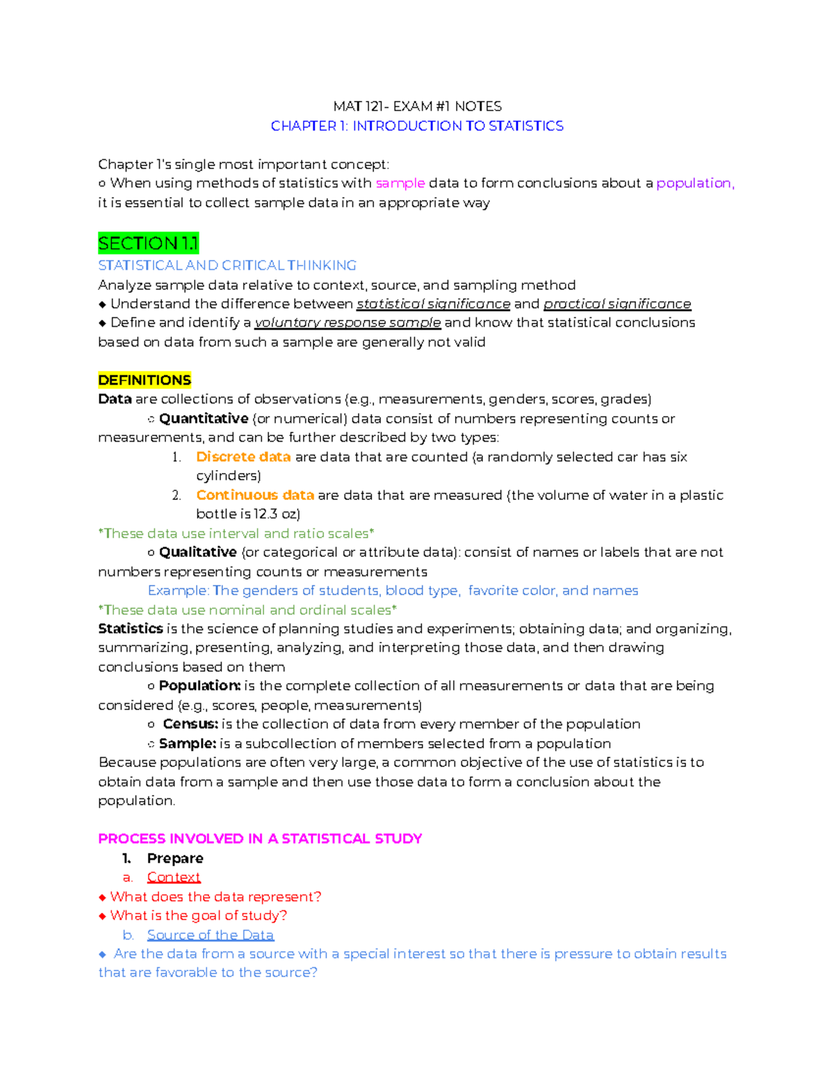 MAT121 FINAL EXAM NOTES: INTRODUCTION TO STATISTICS - Studocu