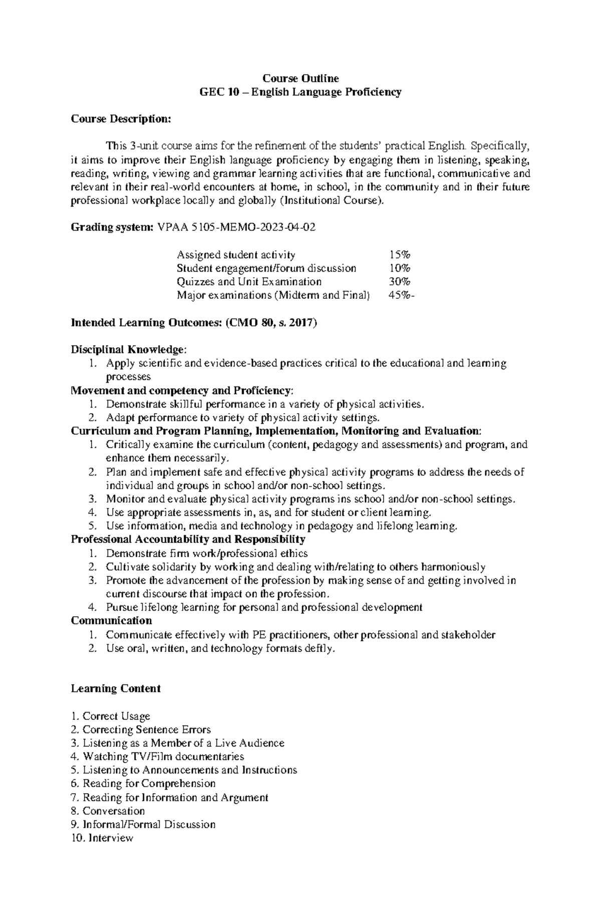 GEC 10 Course Outline: English Language Proficiency Overview and ...