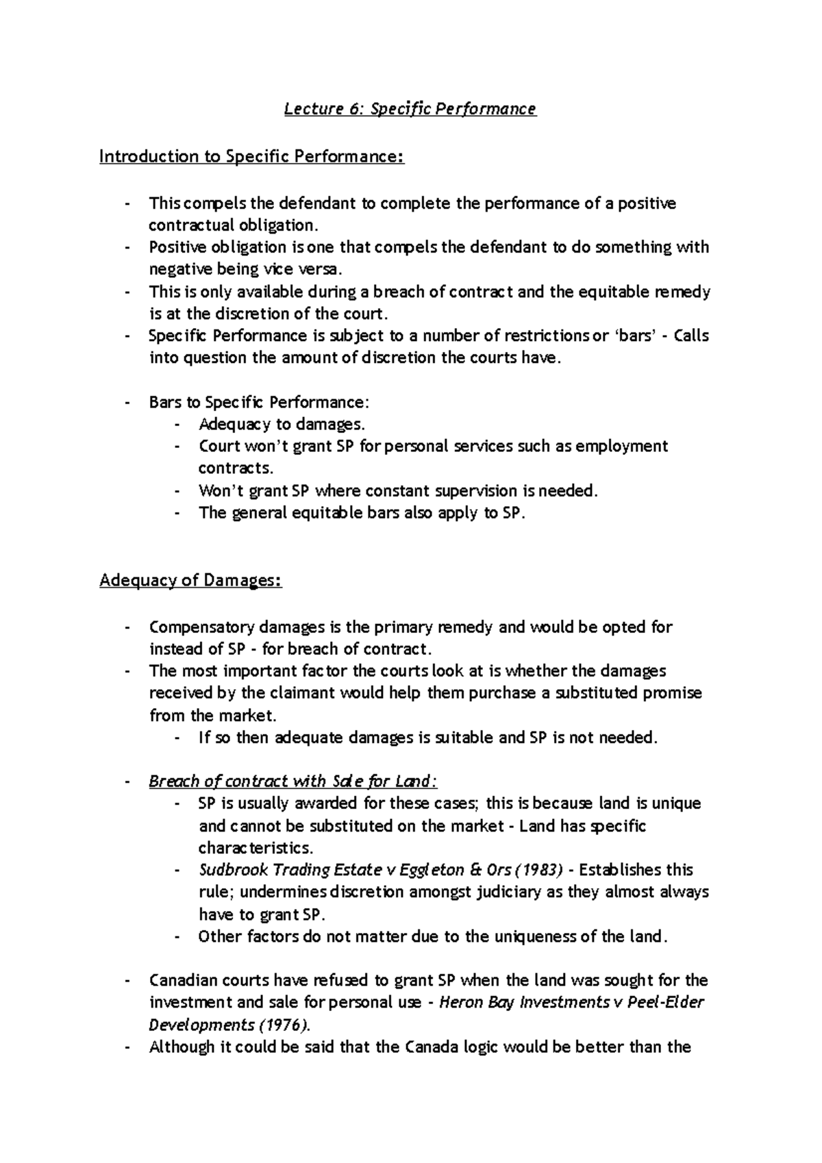 Lecture 6 - Specific Performance and Its Legal Implications - Studocu