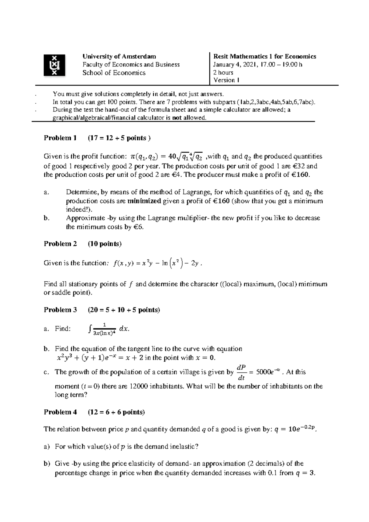 Resit - Math 1 for Economics - Solutions & Problems Overview - Studeersnel