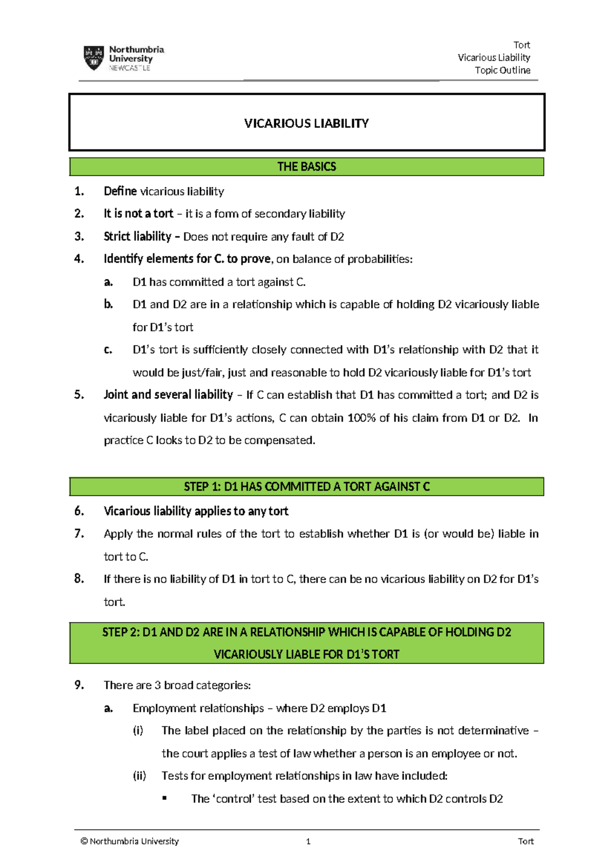 VICARIOUS LIABILITY: Comprehensive Topic Outline for Tort Law - Studocu
