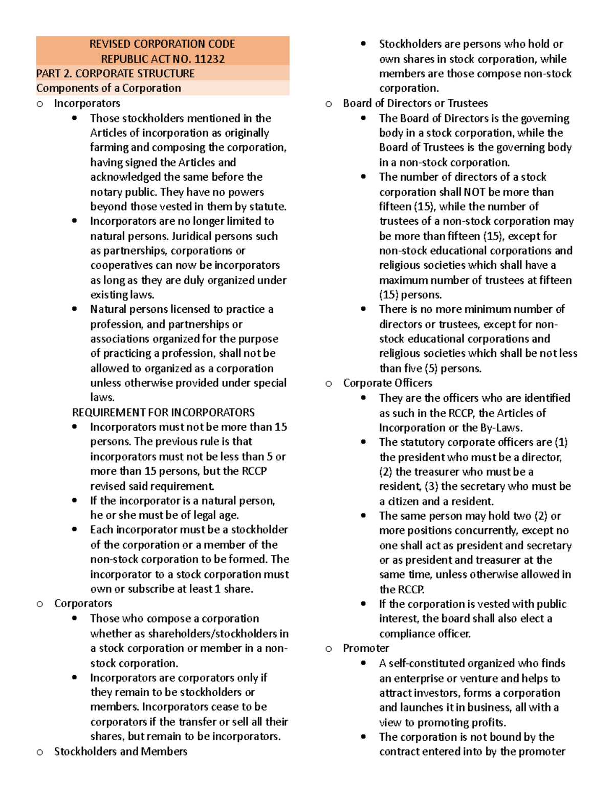 Buslaw Finals Part 2: Revised Corp Code on Structure & Officers - Studocu