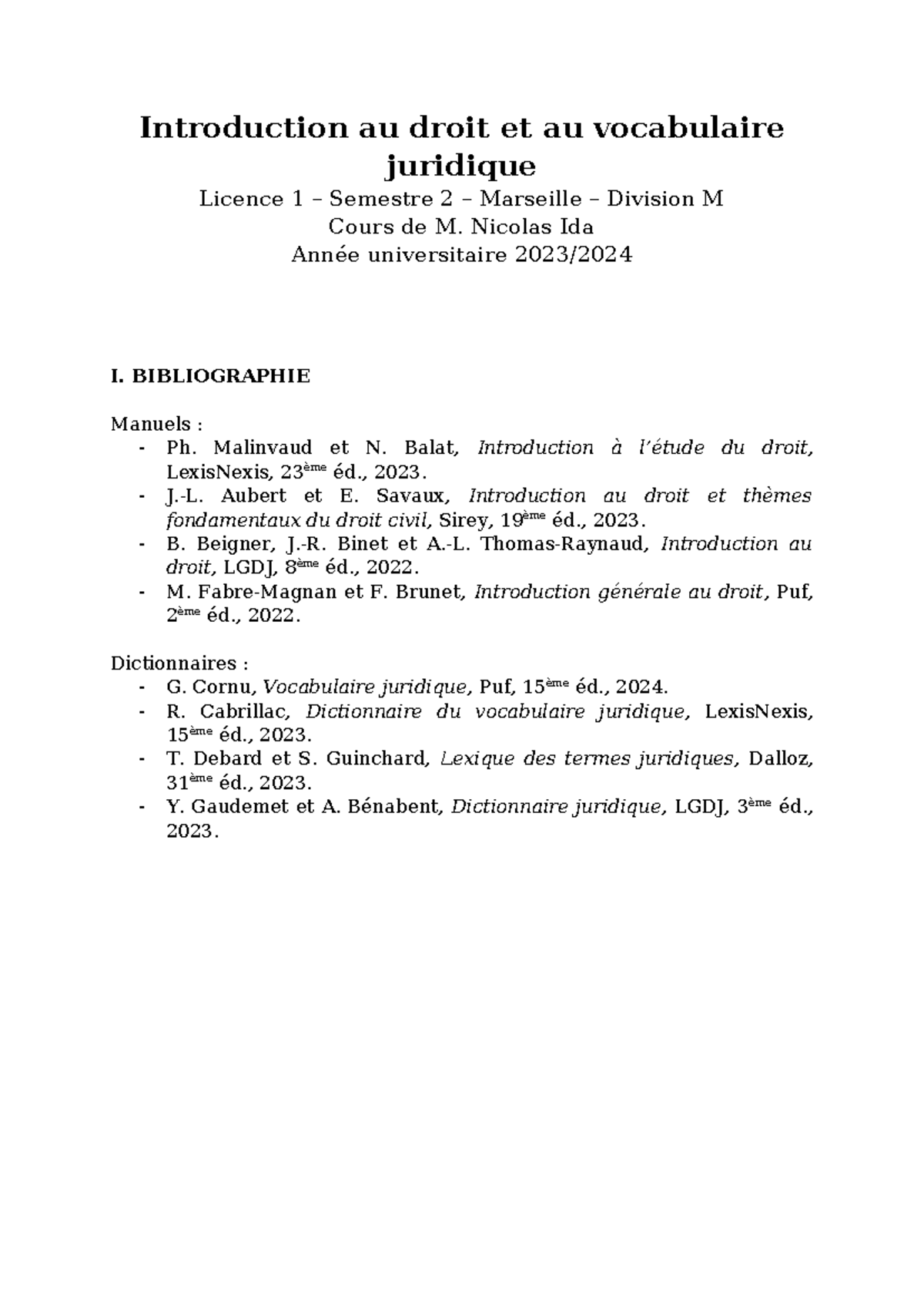 Cours 2024 - Bibliographie et Plan du Droit S1 - Licence 1 Marseille ...