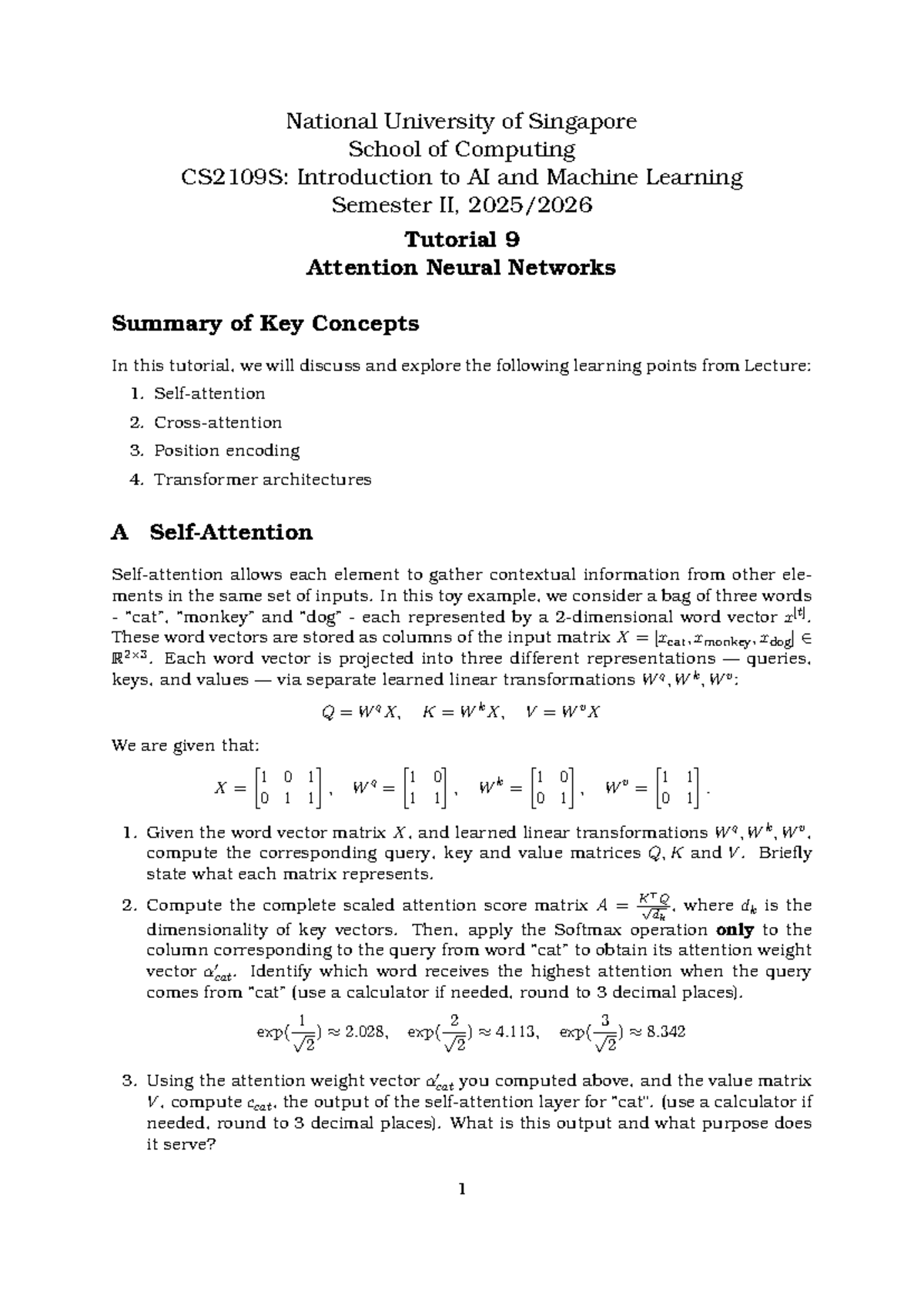 CS2109S: Tutorial 9 Summary on Attention Neural Networks Concepts - Studocu