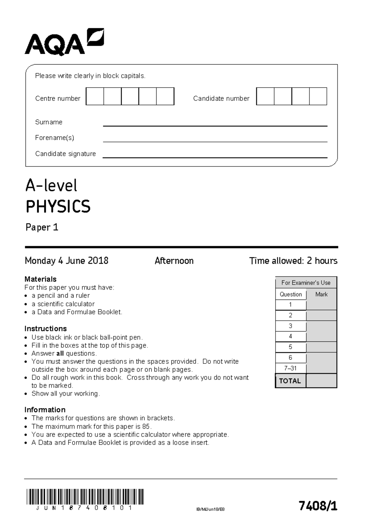 A-level Physics Paper 1 June 2018 Exam Document - Studocu