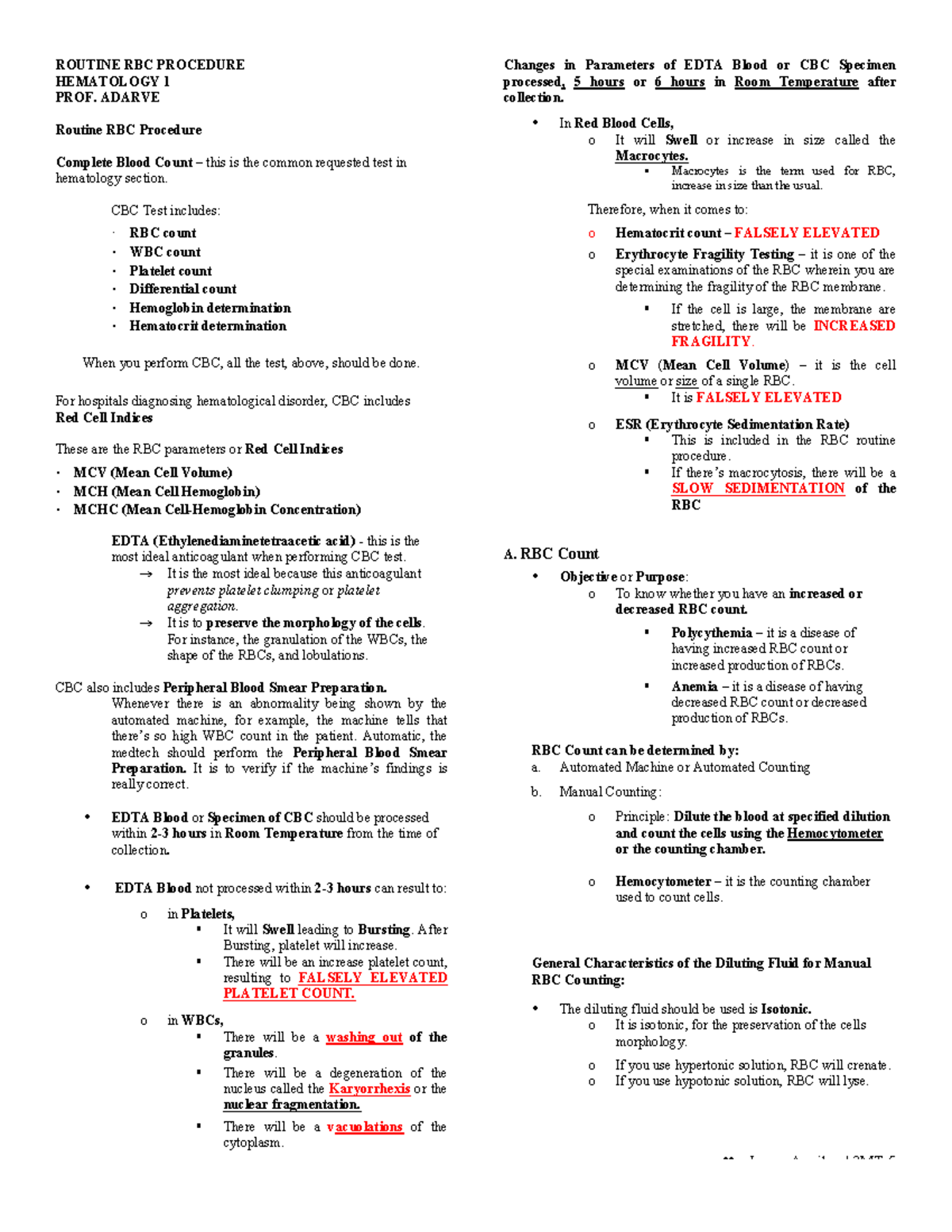 Routine RBC Procedure - Part 1 (Hematology 1) - Prof. Adarve - Studocu