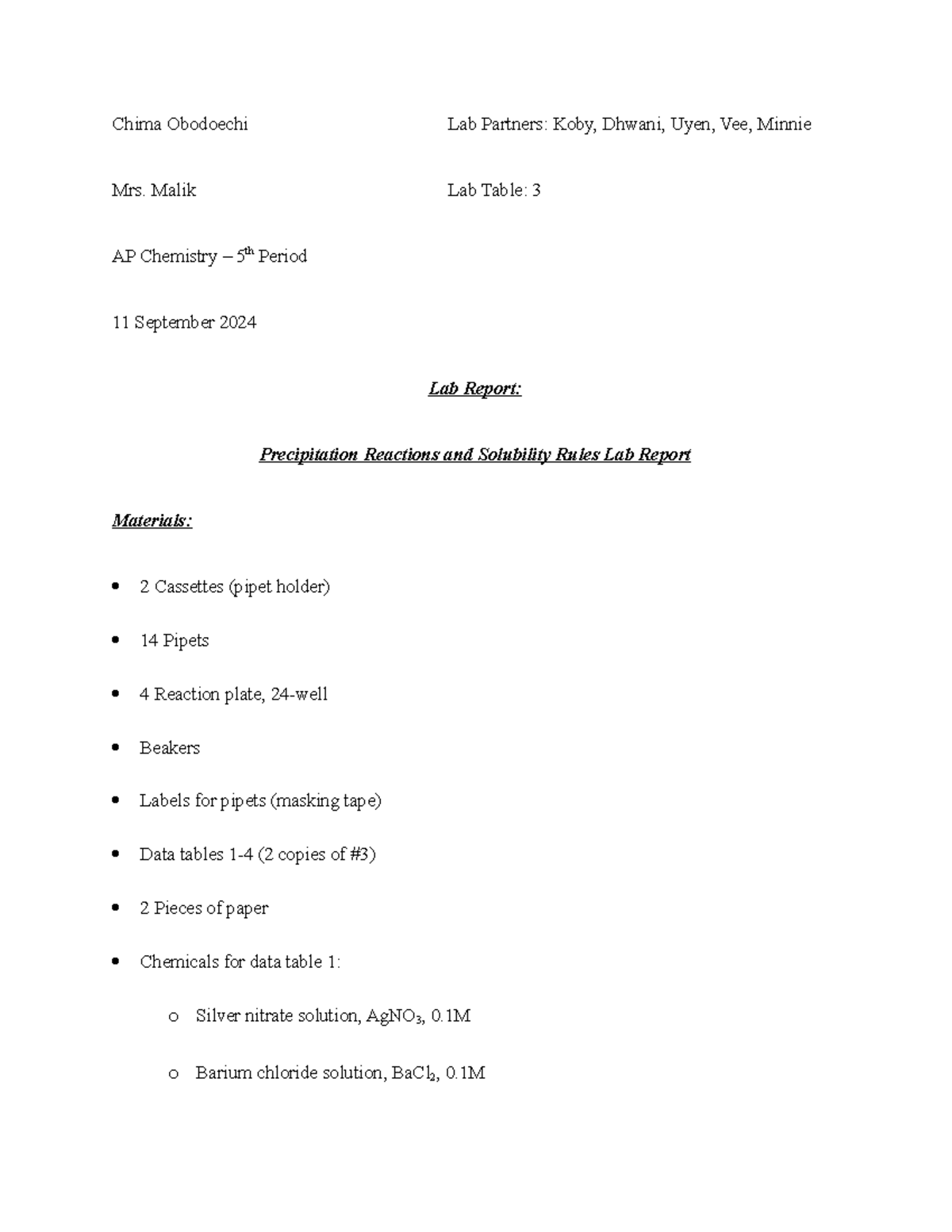 AP Chem – Precipitation Reactions & Solubility Rules Lab Report - Studocu