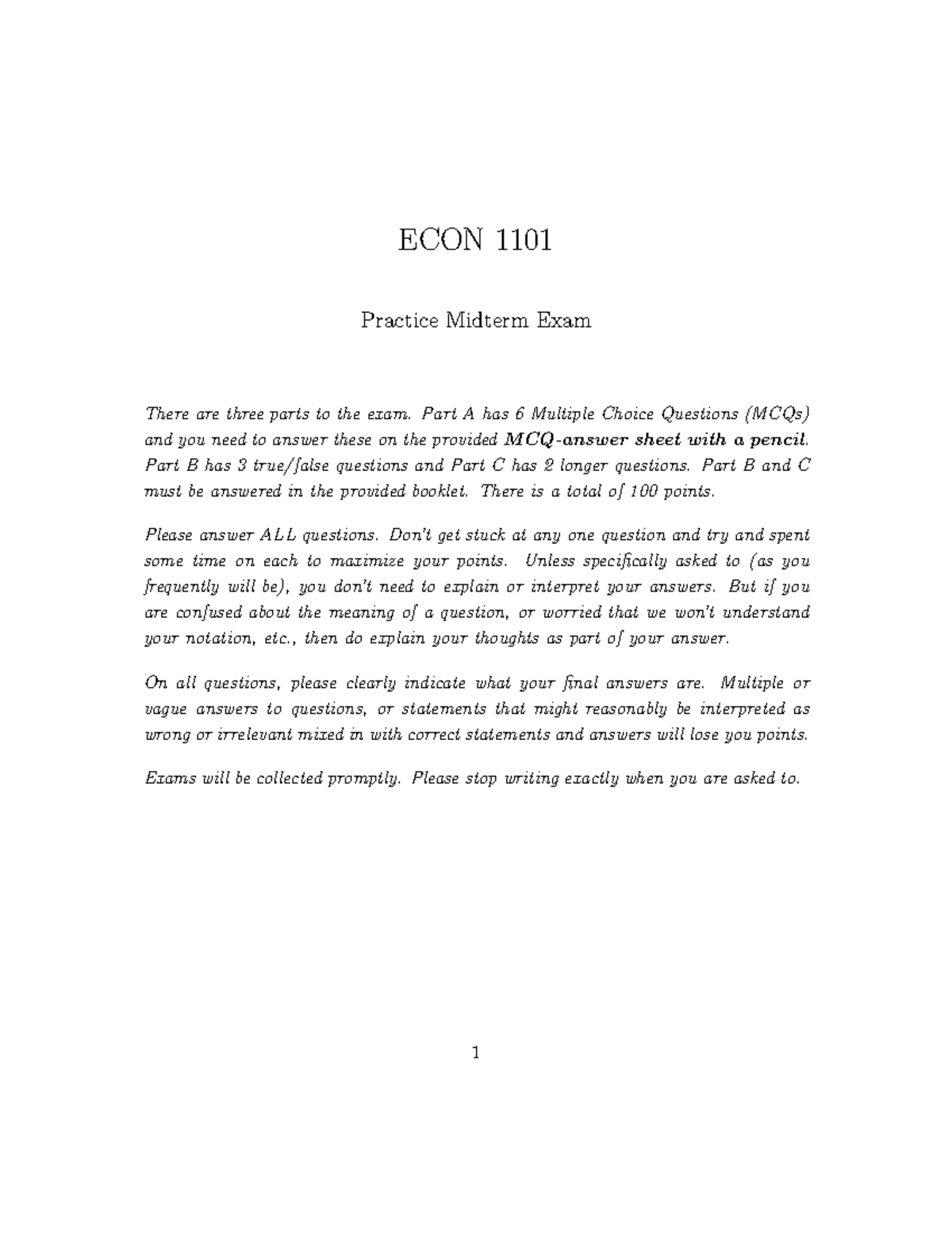 ECON 1101 Practice Midterm Exam Guide: MCQs & Essay Questions - Studocu