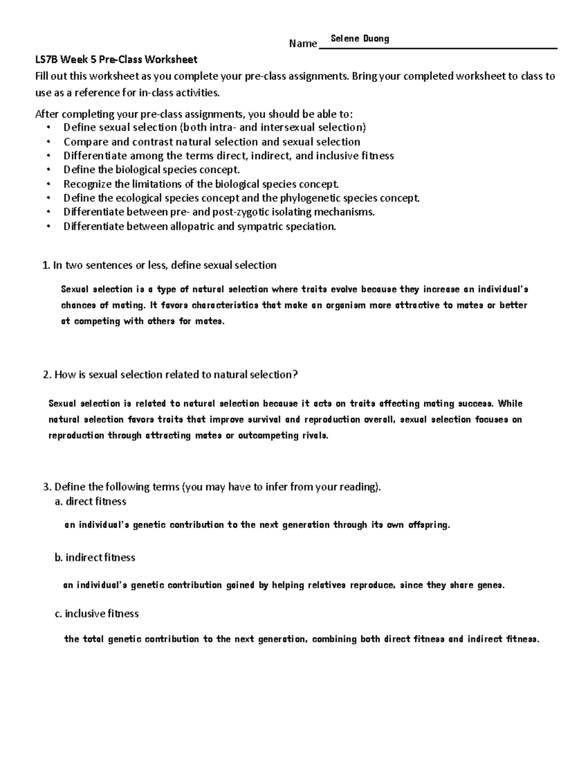 LS7B Week 5 Pre-Class Reading Guide on Sexual Selection and Speciation ...