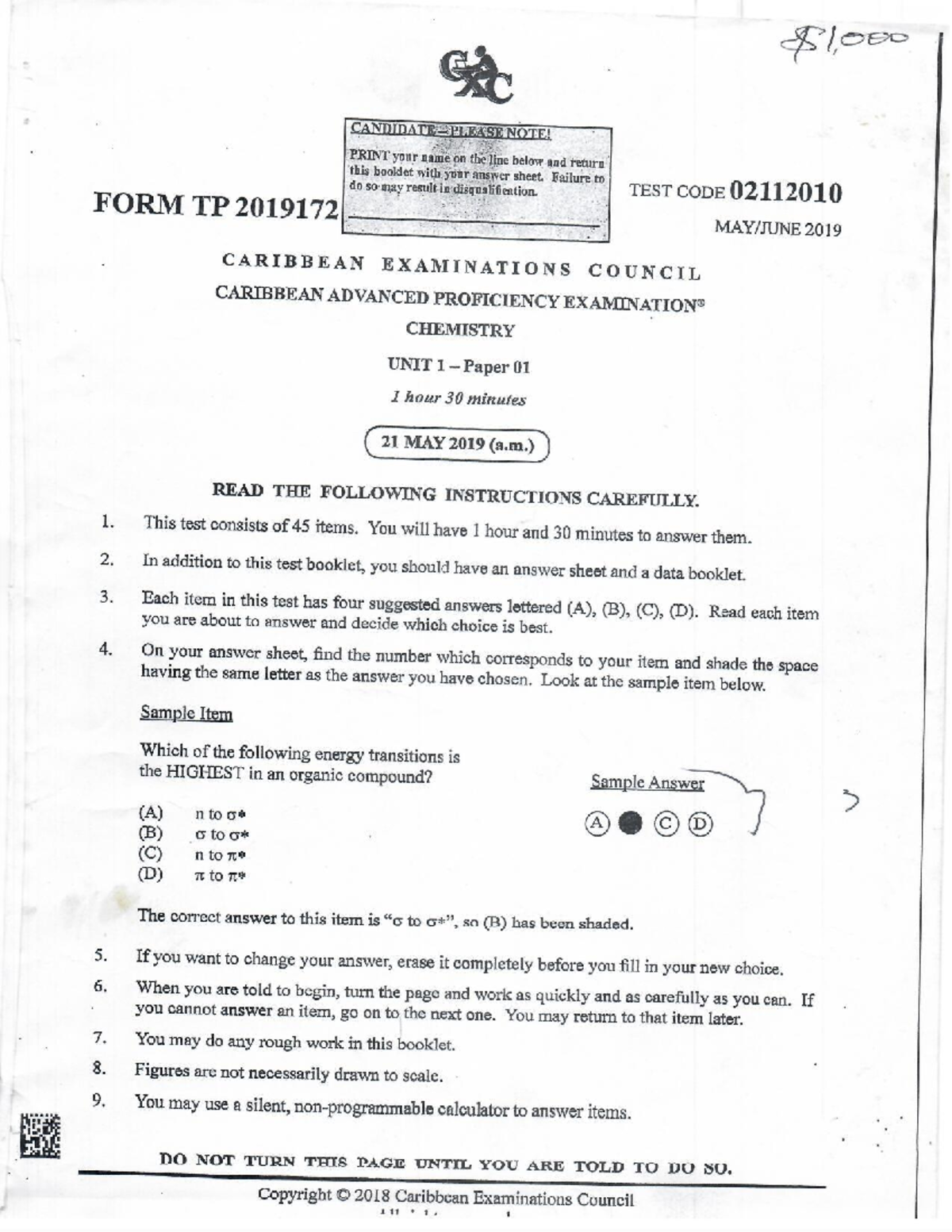 CAPE Chemistry 2019 Unit 1 Paper 01 Exam Questions - Studocu