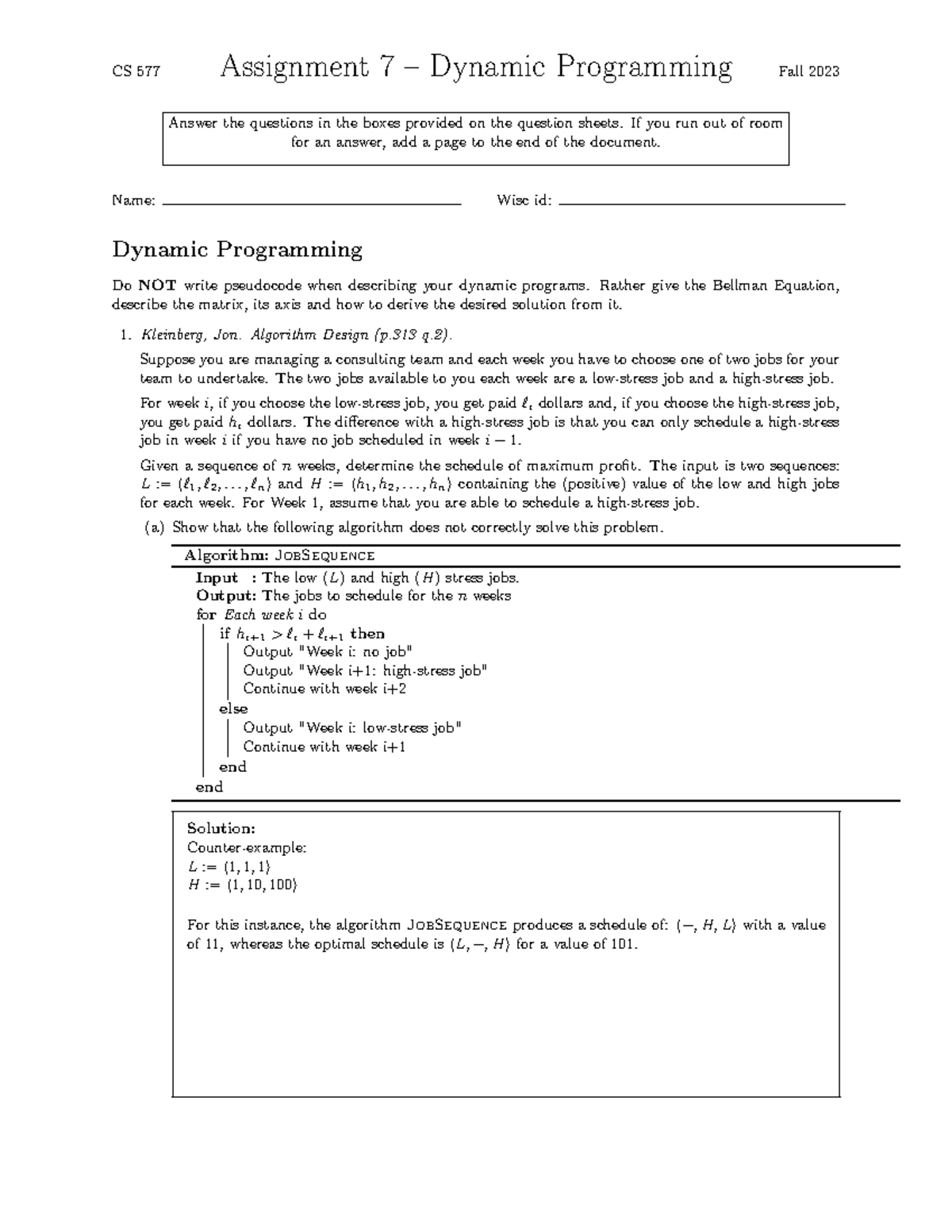 CS 577 Assignment 7 Dynamic Programming Solutions - Fall 2023 - Studocu