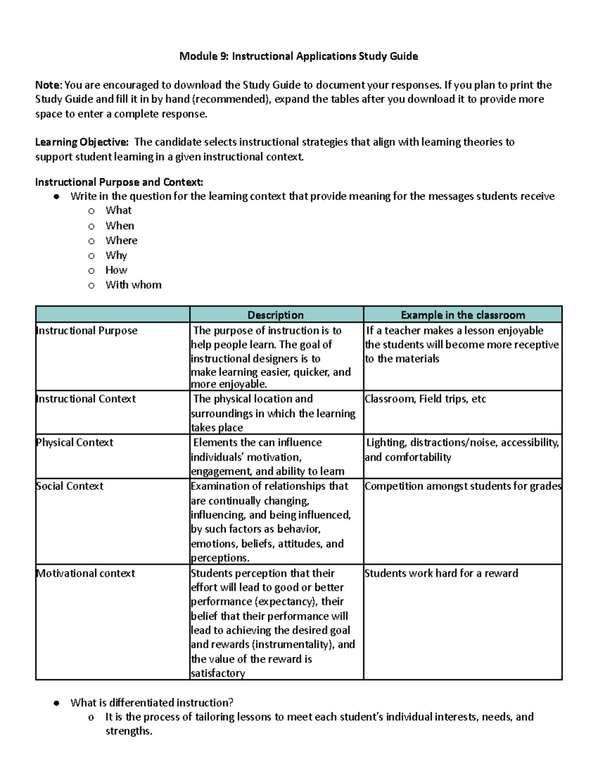 D094 d307 m9 study guide - Module 9: Instructional Applications Study ...
