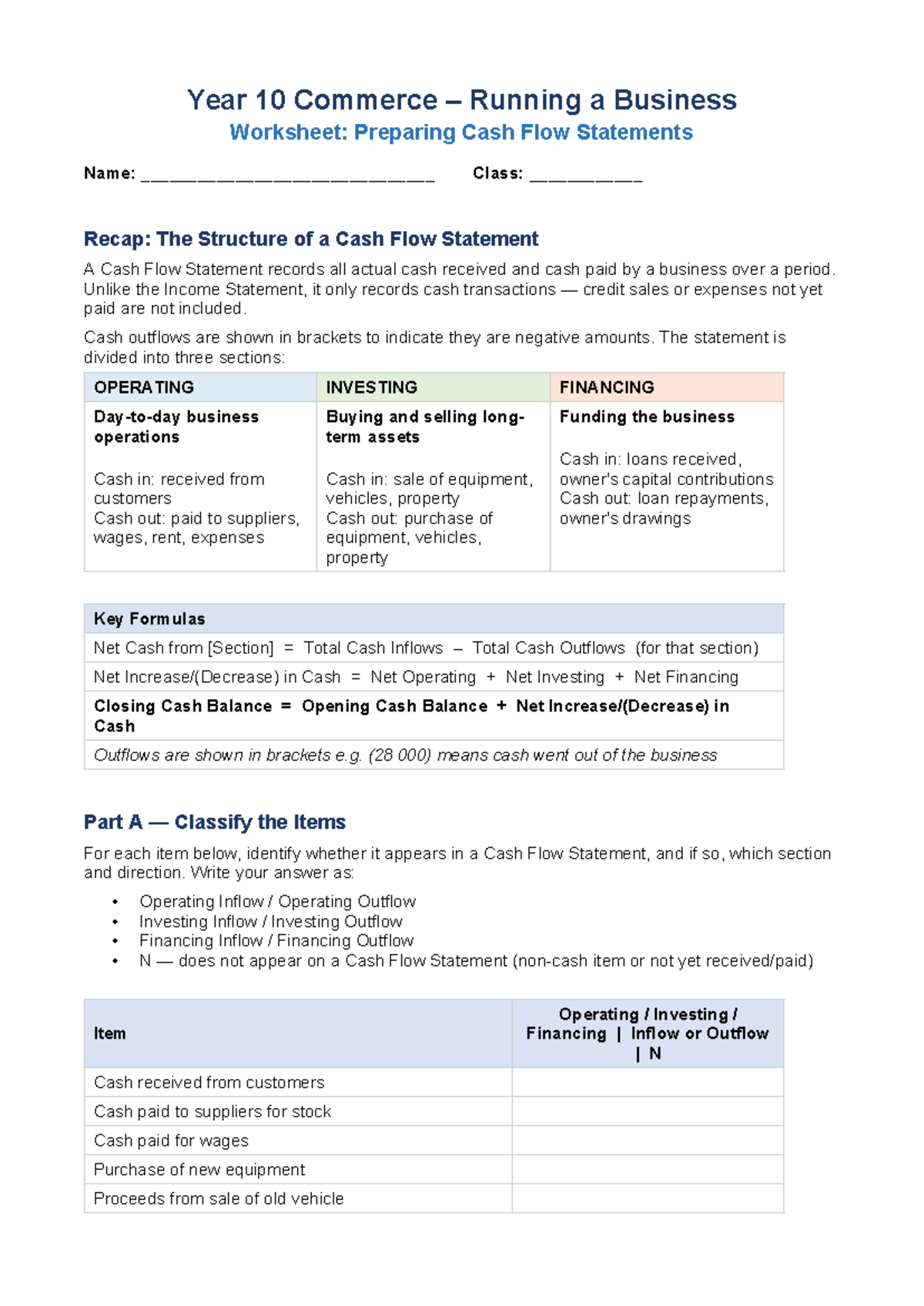 Year 10 Commerce Cash Flow Statements Worksheet - Student Guide - Studocu