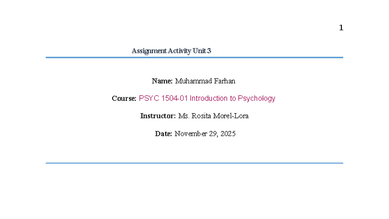 PSYC 101: Assignment Activity on Human Senses and Learning - Studocu