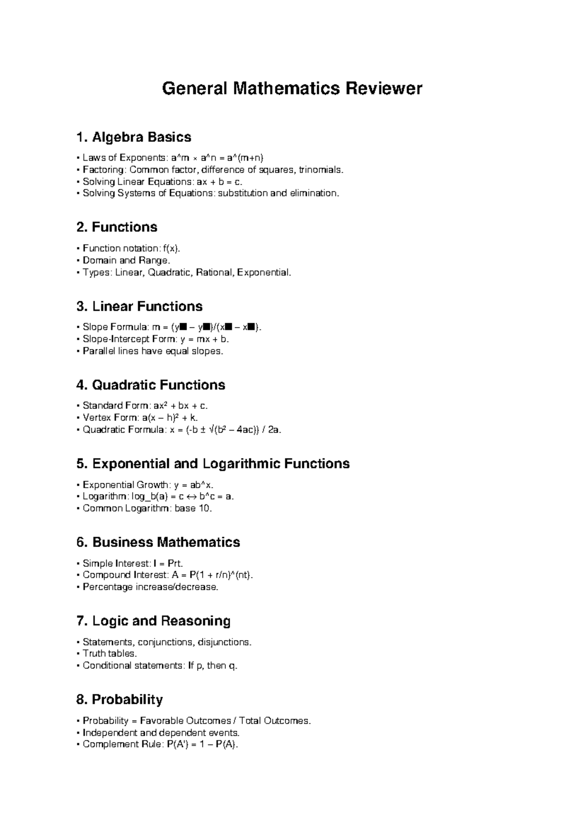 General Mathematics Reviewer (MATH101): Key Concepts & Formulas - Studocu