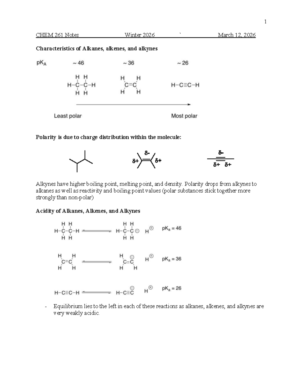 CHEM 261 Winter 2026 Notes: Characteristics of Alkanes, Alkenes, and ...