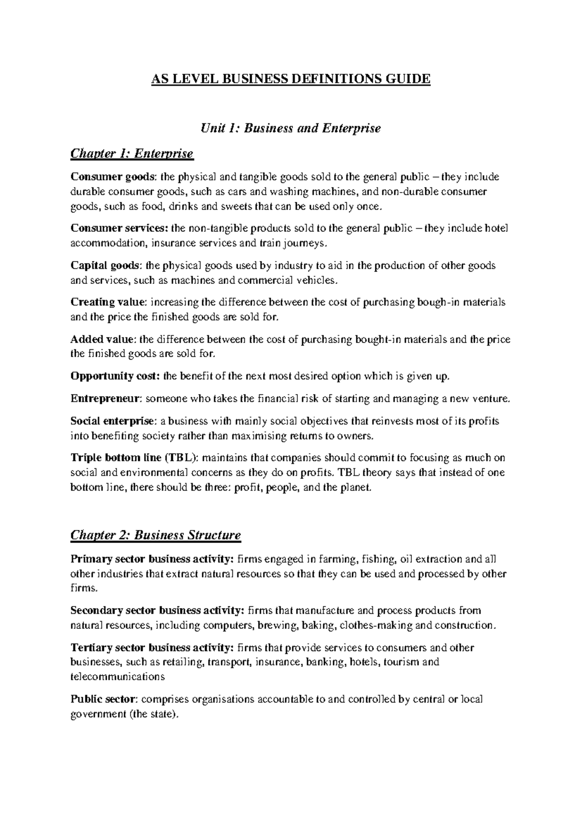 AS Business Definitions and Concepts Overview - Studocu
