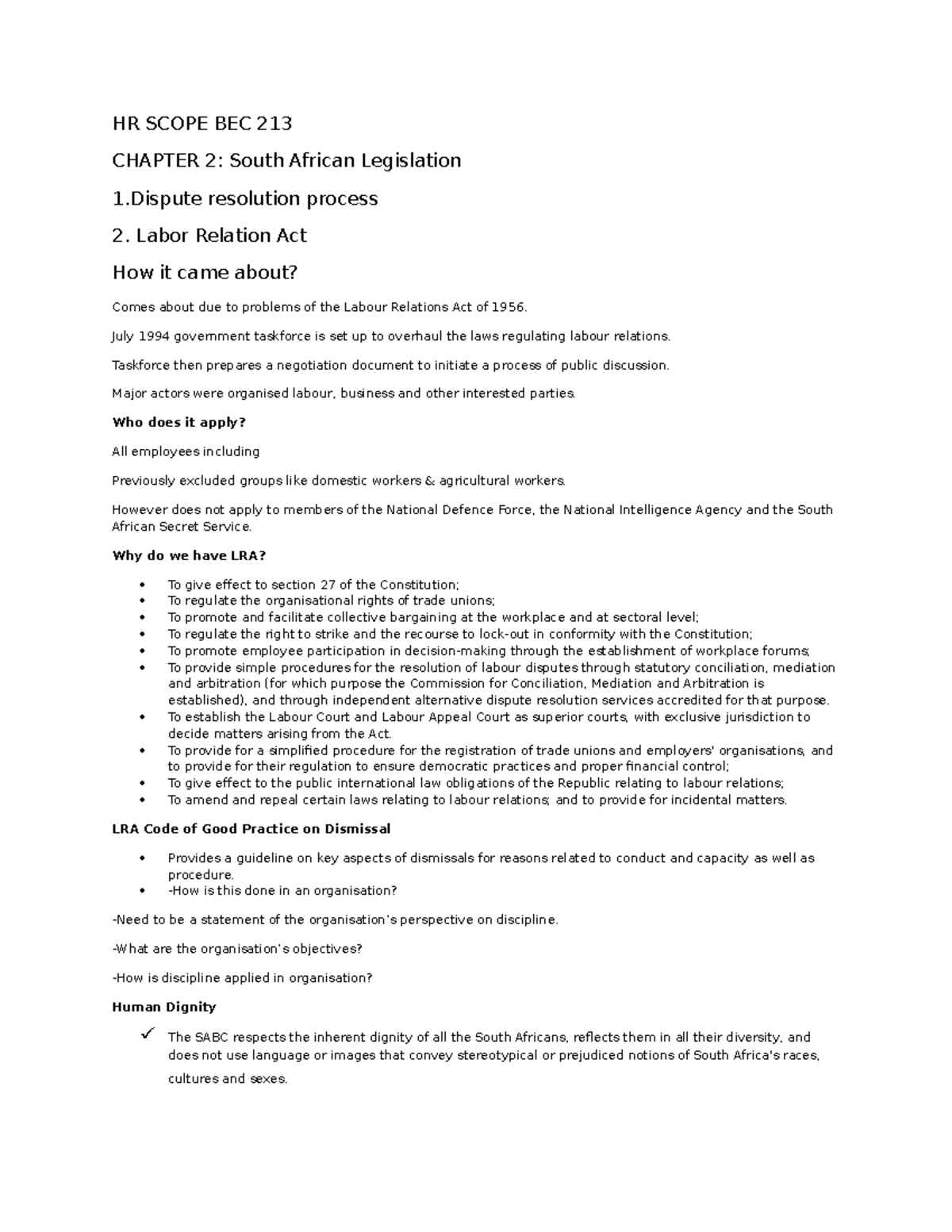 HR Scope BEC 213 - Chapter 2: South African Labour Legislation Overview ...