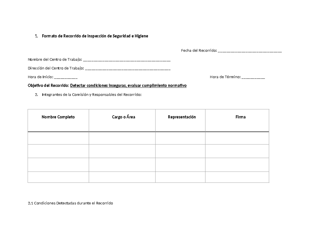 Formato de Recorrido de Inspección de Seguridad e Higiene - NOM 019 ...