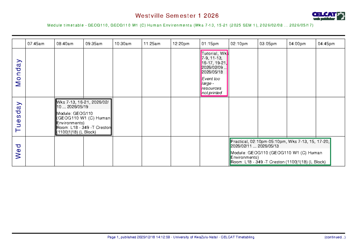 GEOG110 W1 (C) Human Environments Semester 1 2026 Timetable - Studocu