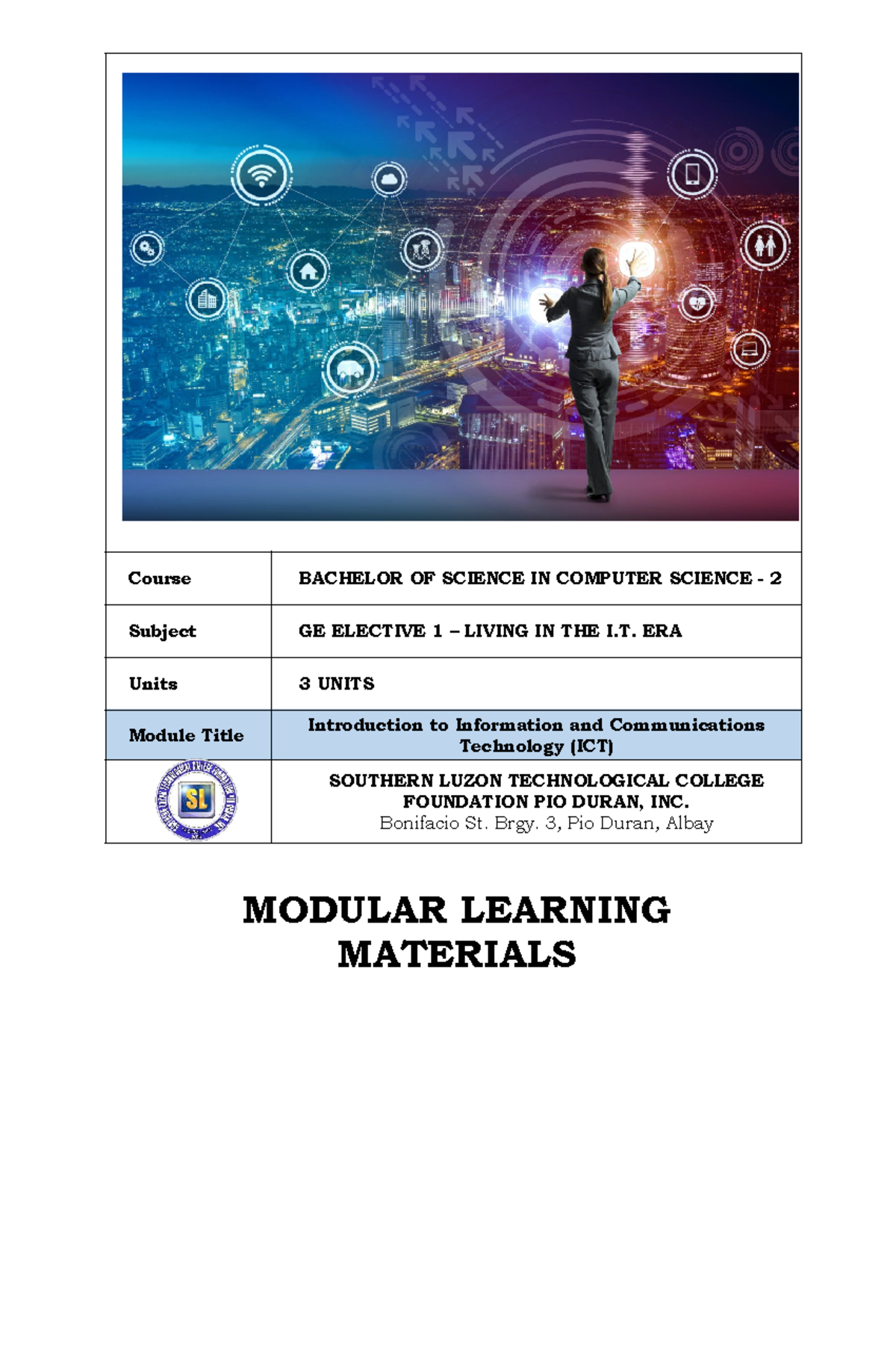 GE ELECTIVE 1: Introduction to ICT in the I.T. Era Module - Studocu