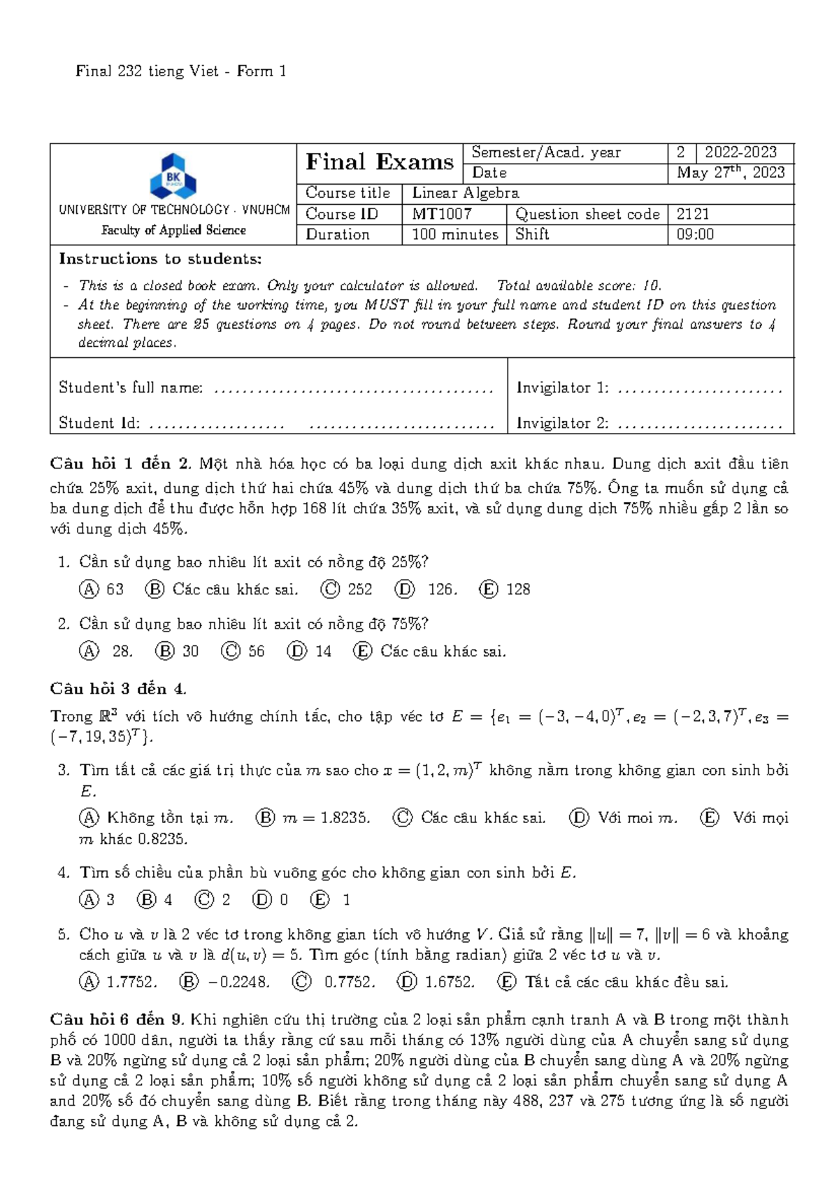 Final Exam MT1007 Linear Algebra - CK232 Tieng Viet - Studocu