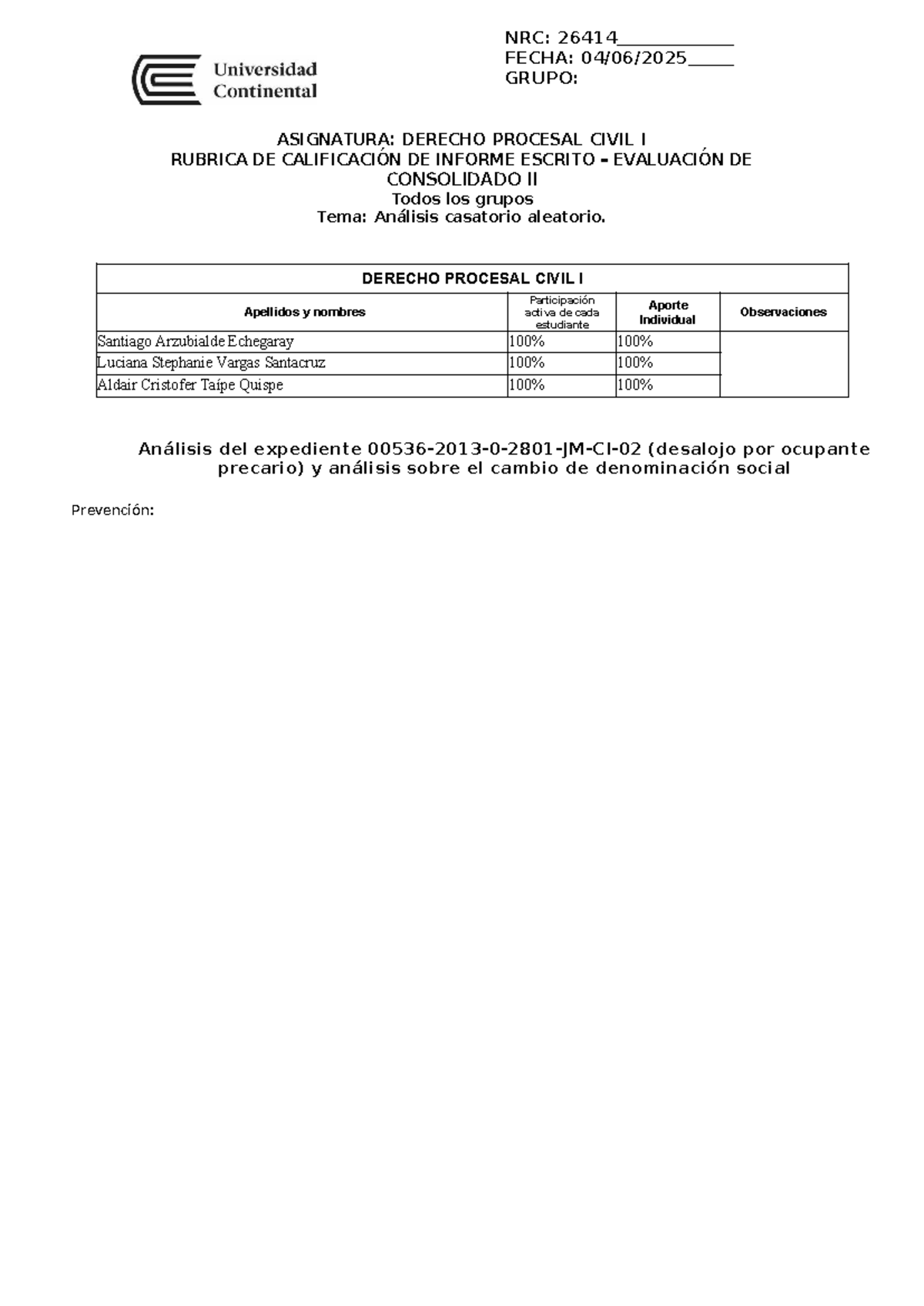 Evaluación Consolidado II - Procesal Civil I (1) (1) - NRC: 26414 FECHA ...