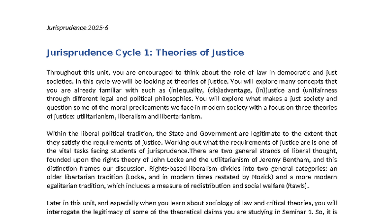 Jurisprudence Cycle 1: Theories of Justice and Their Implications - Studocu