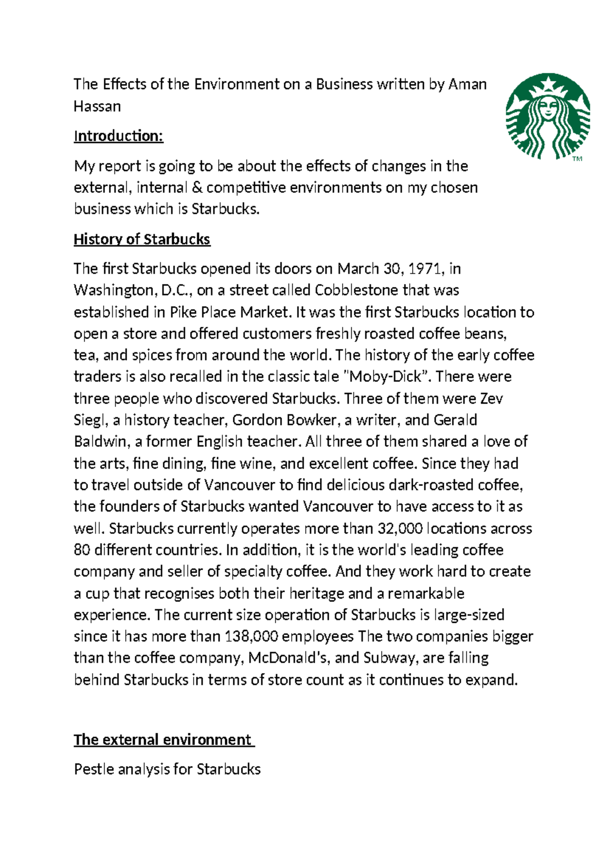U1 - Assignment 2 - The Effects of the Environment on a Business - The ...