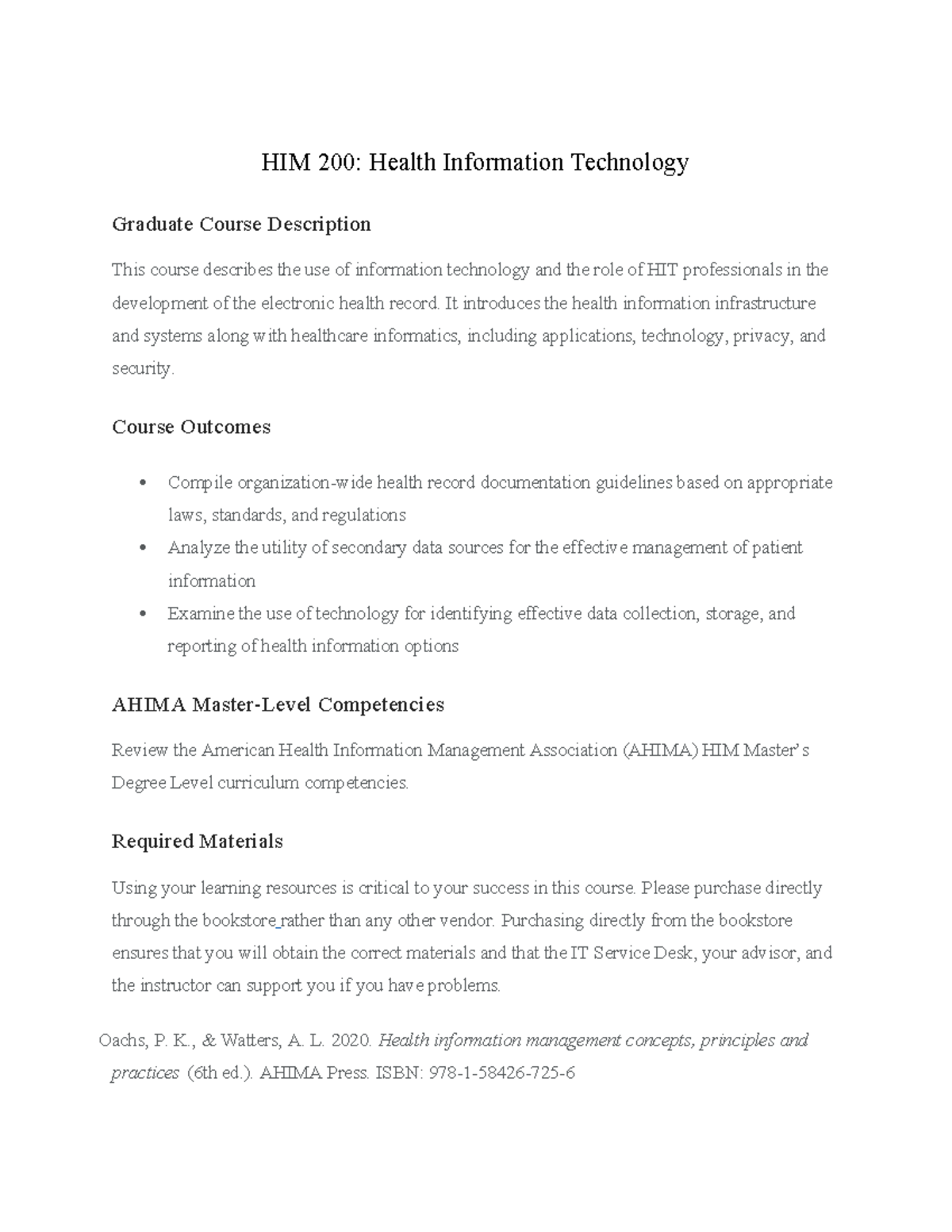 HIM 200 - Syllabus - HIM 200: Health Information Technology Graduate ...