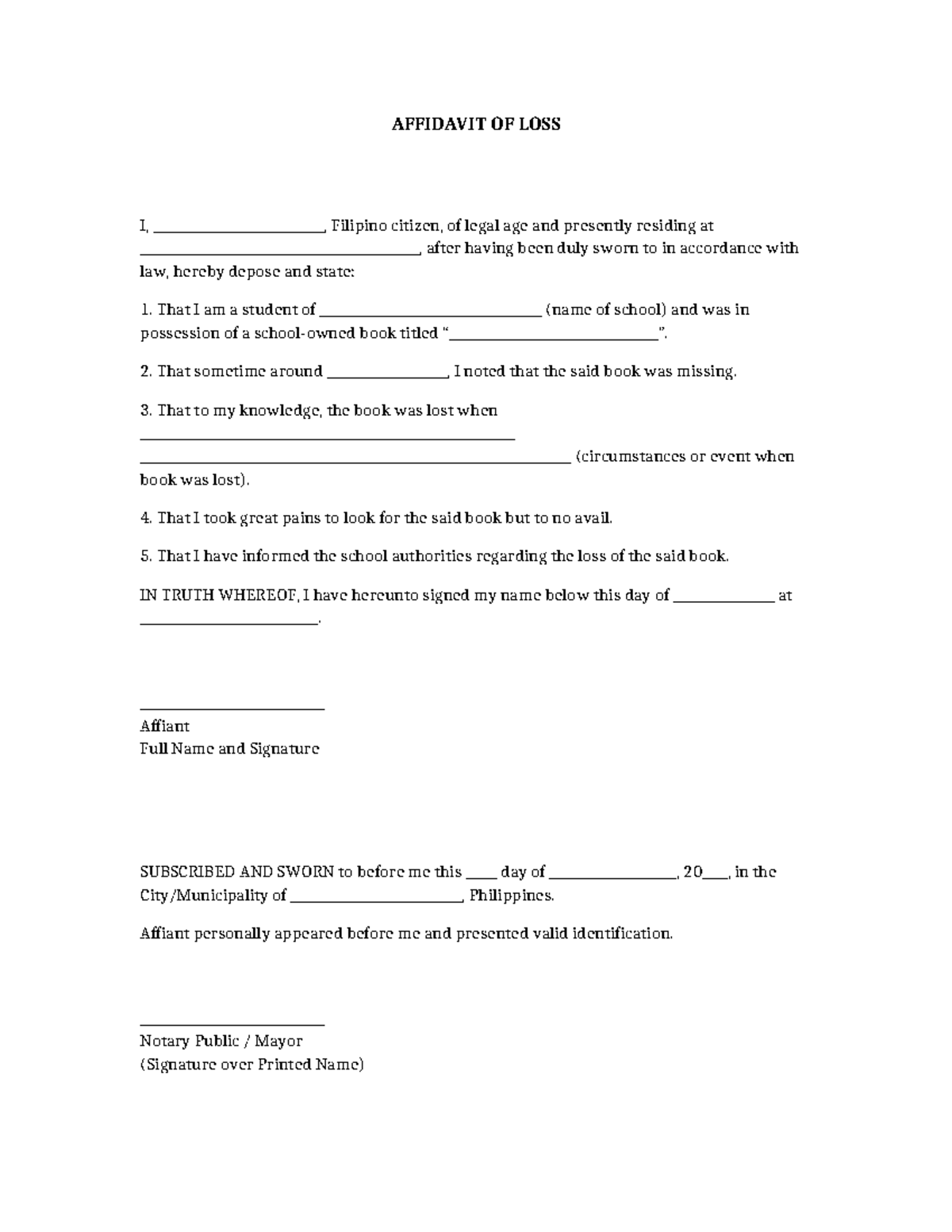 Affidavit of Loss for Missing Book - Student Declaration - Studocu