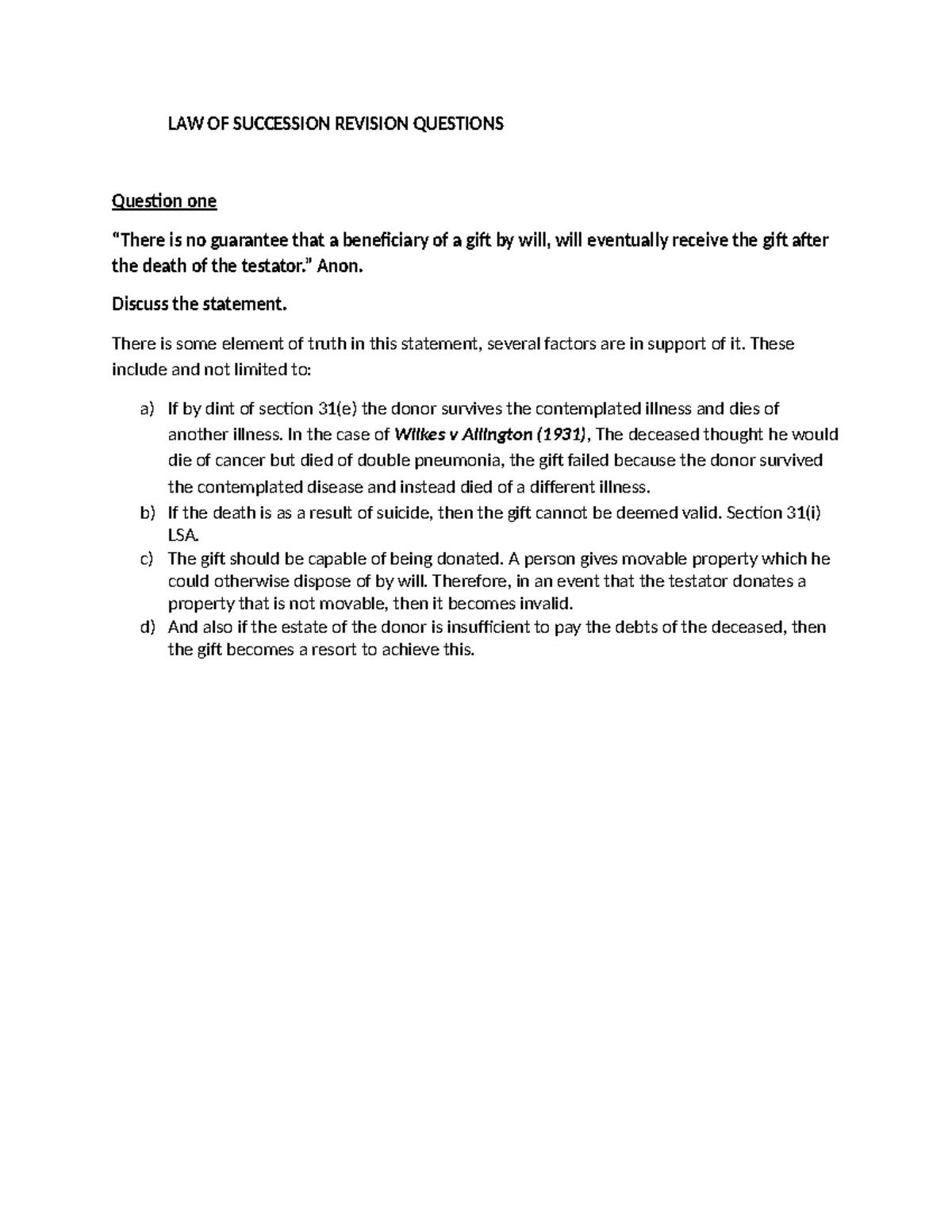 LAW 101: LAW OF SUCCESSION REVISION QUESTIONS & DISCUSSION - Studocu
