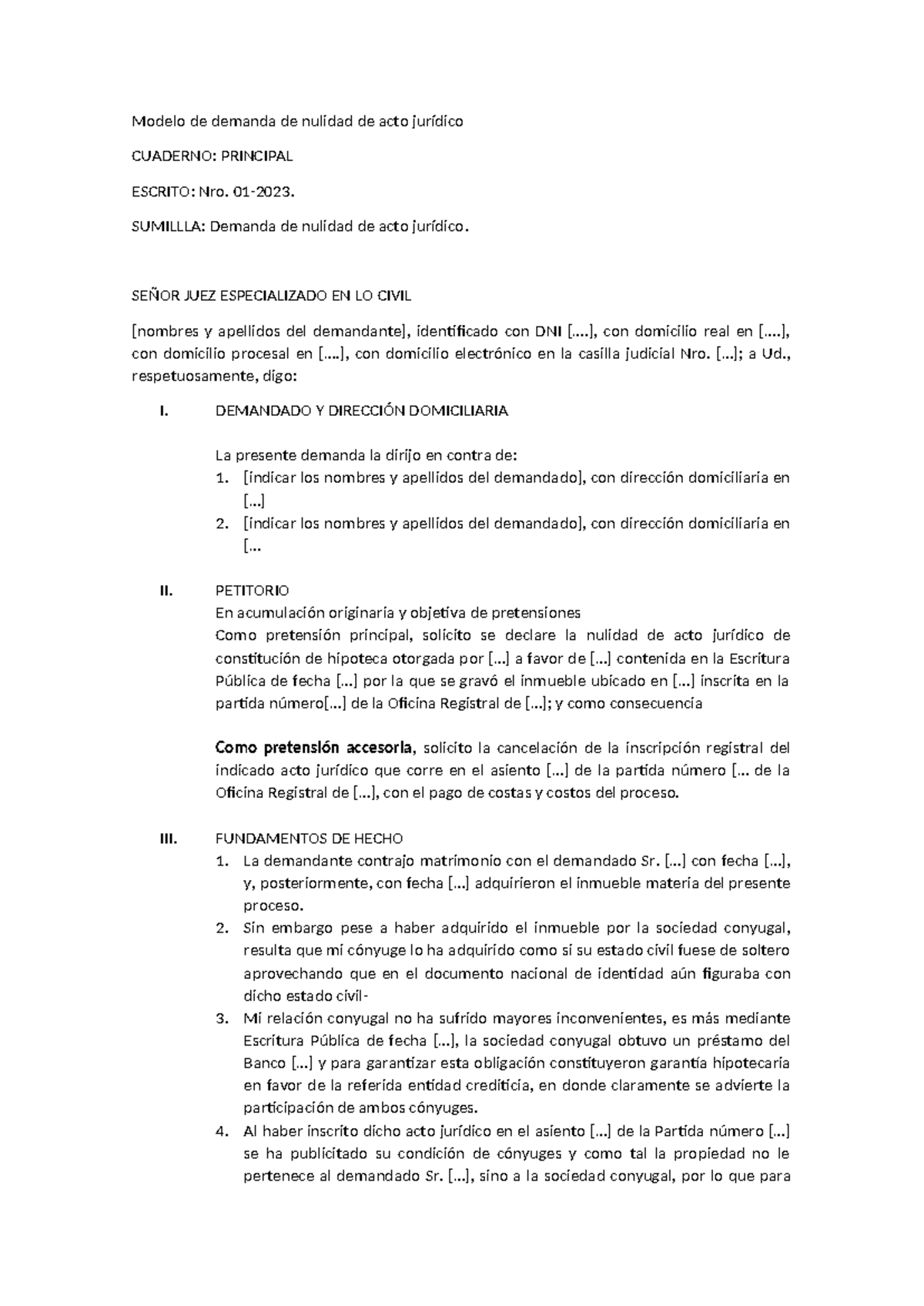 Modelo De Demanda De Nulidad De Acto Jur Dico Modelo De Demanda De Nulidad De Acto Jur Dico