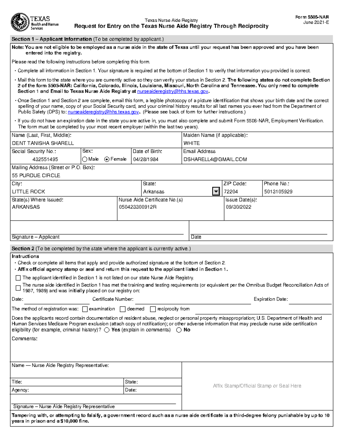 5505-NAR - Texas Nurse Aide Registry Reciprocity Request Form - Studocu